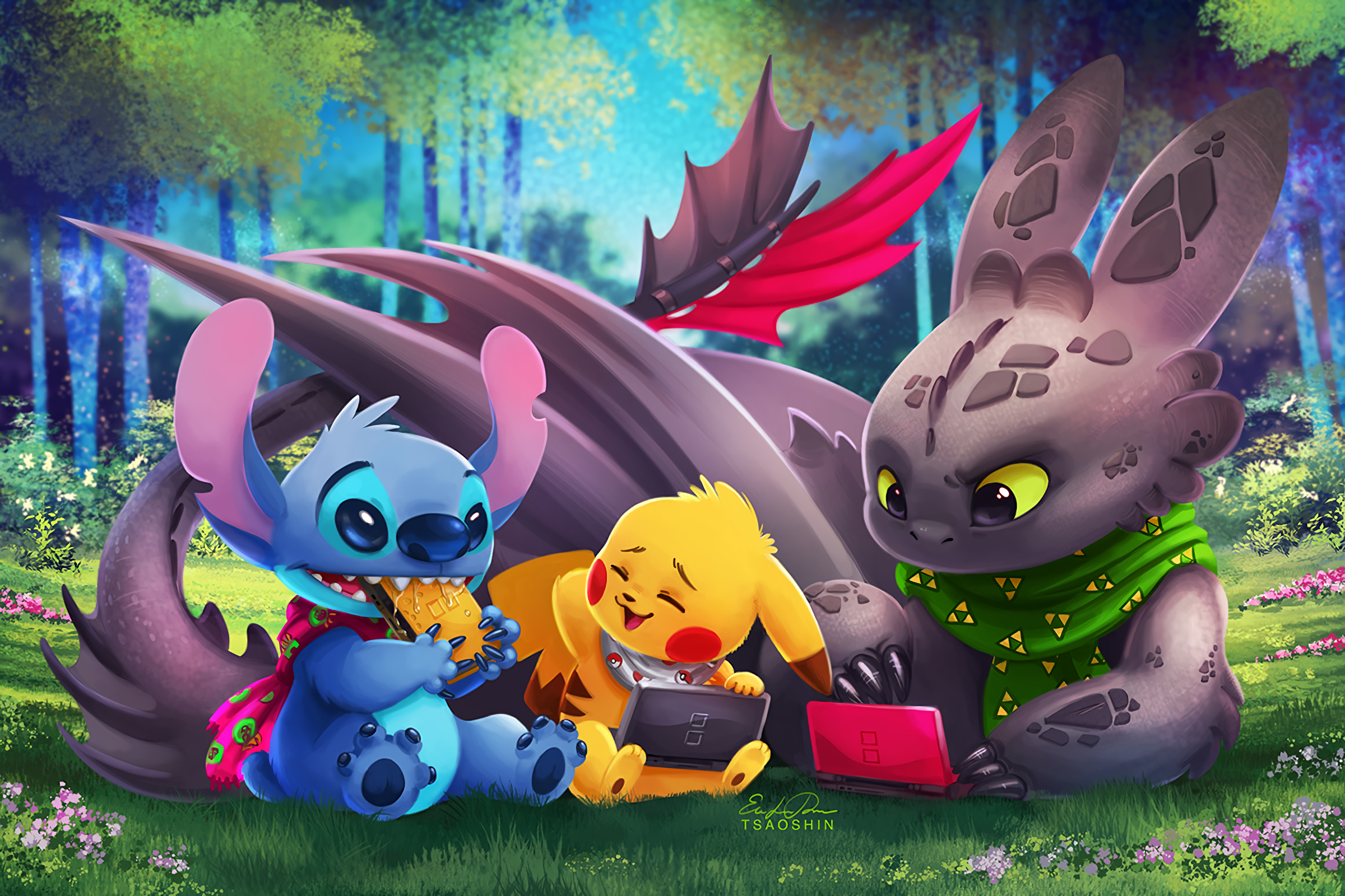 Stitch, Pikachu, and Toothless playing video games HD Wallpaper