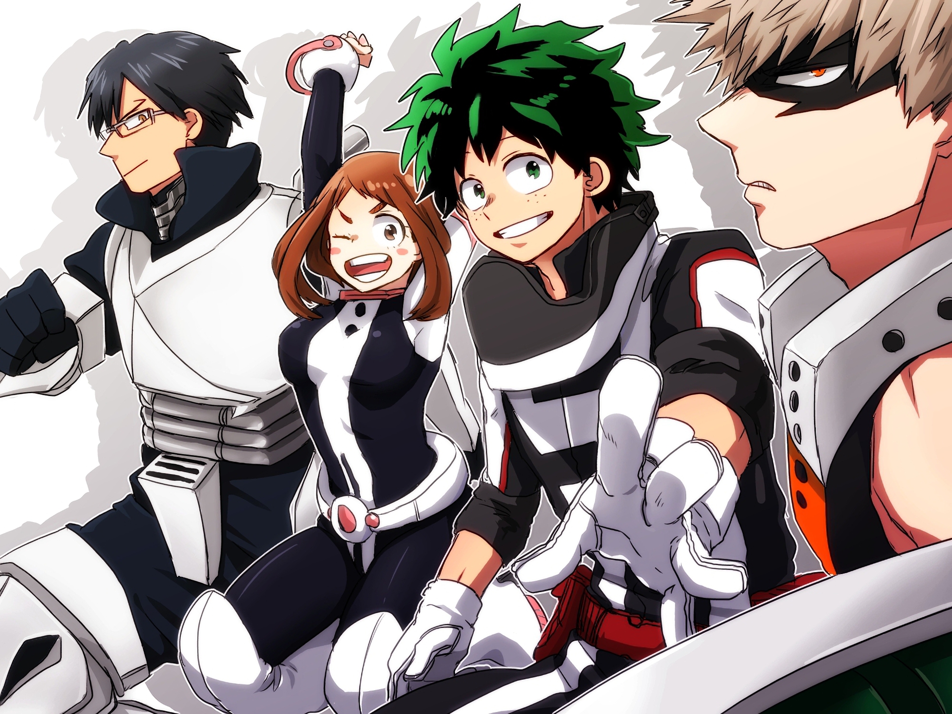 My Hero Academia characters: Izuku Midoriya, Ochaco Uraraka, Tenya Iida, Katsuki Bakugo HD Wallpaper