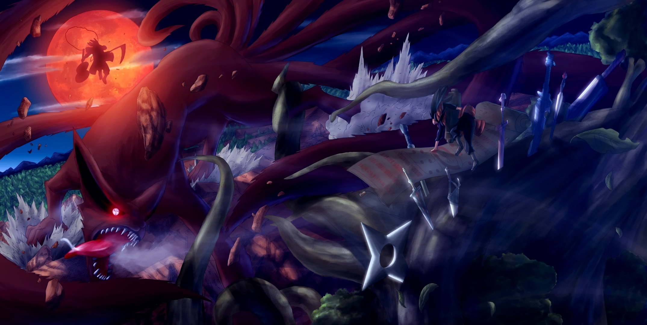 Madara Uchiha fighting the Nine-Tails HD Wallpaper