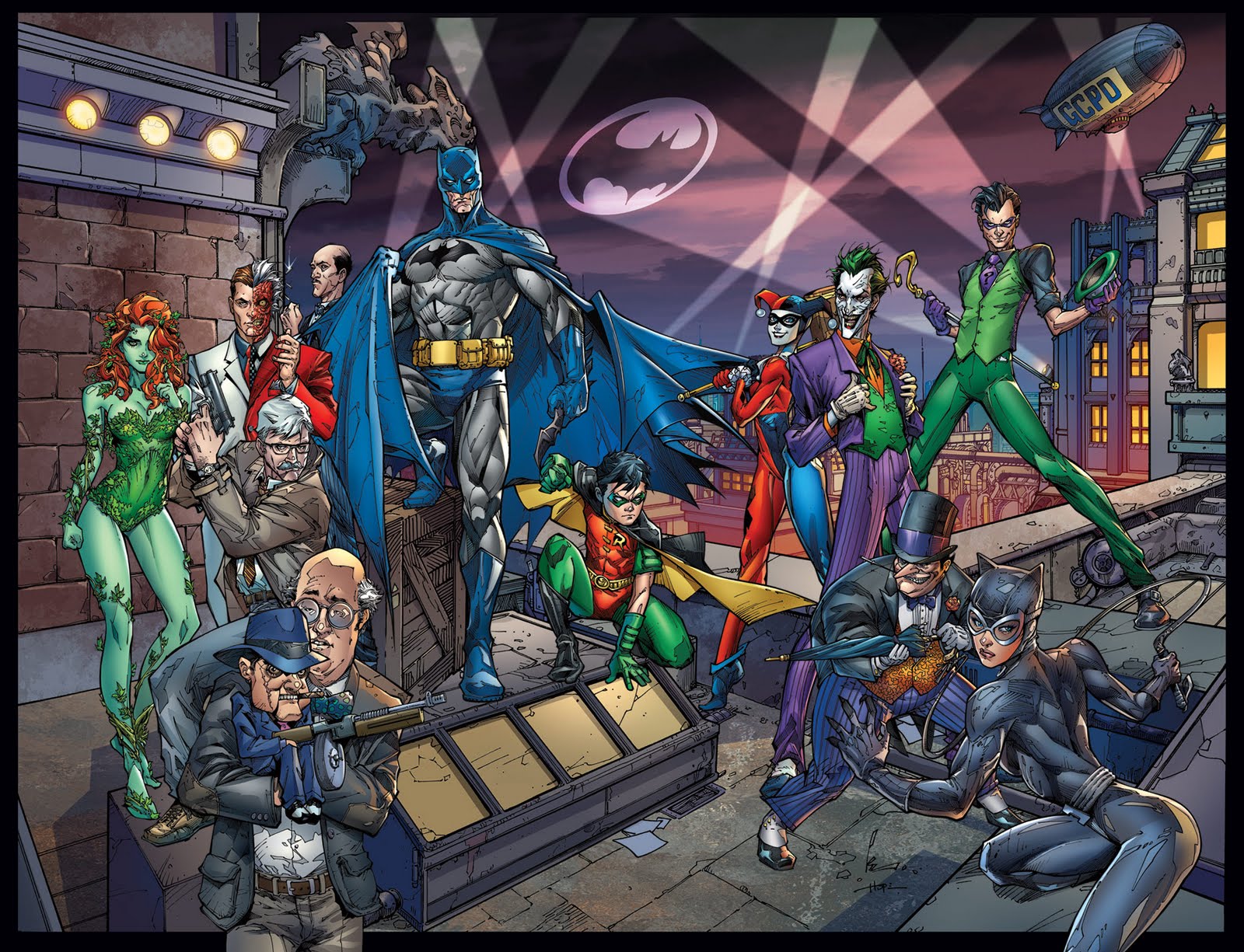 Batman and villains from DC Comics on a rooftop HD Wallpaper