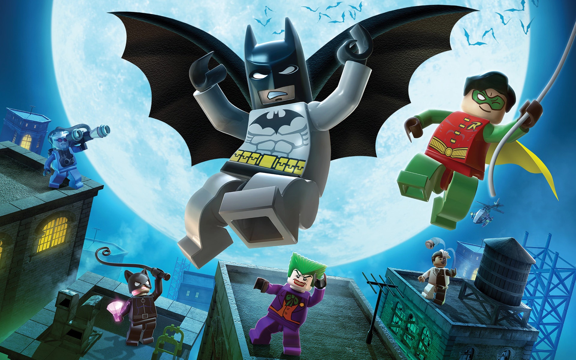 Lego Batman and Robin with Villains on Rooftops HD Wallpaper