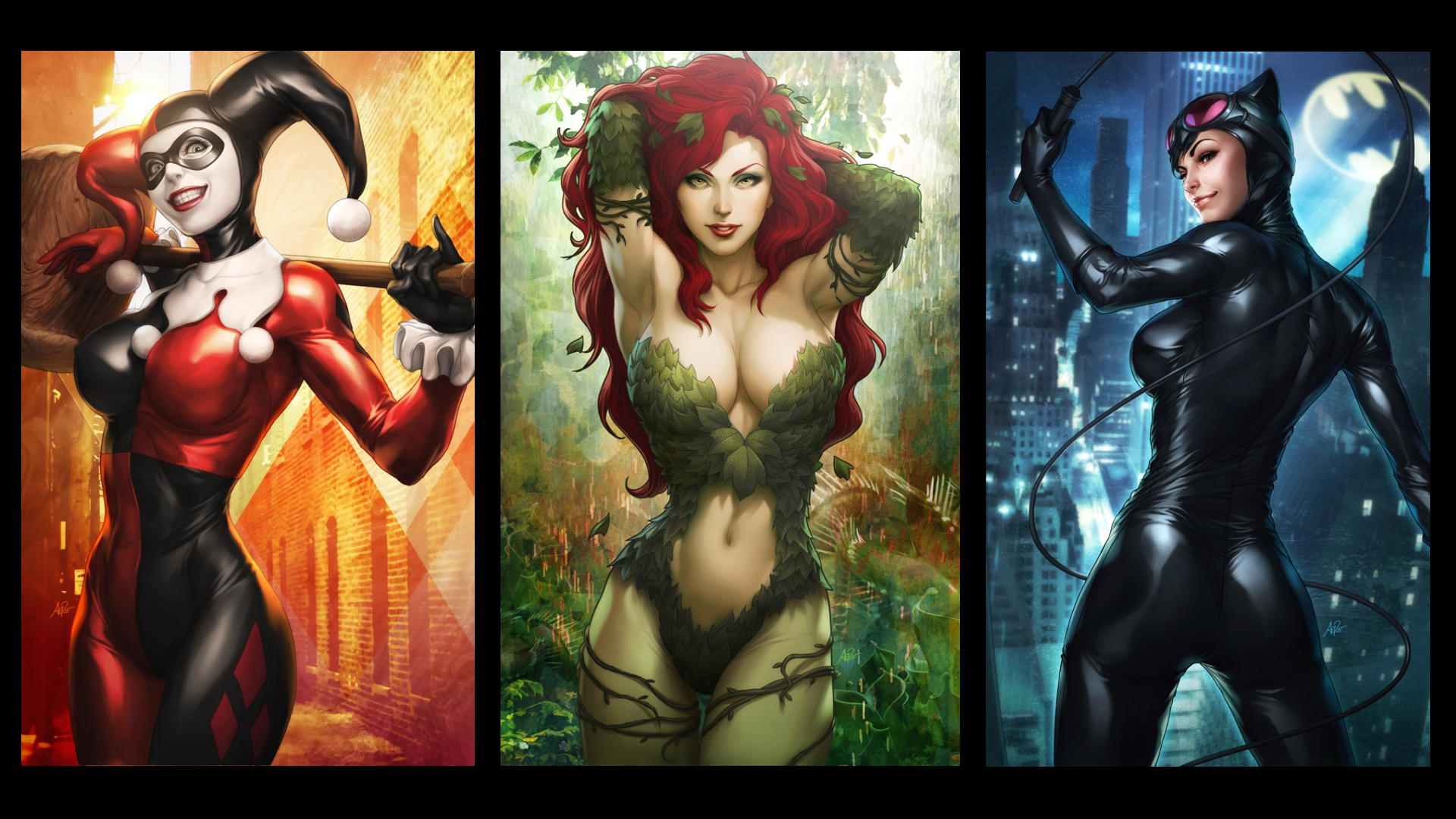 Harley Quinn, Poison Ivy, and Catwoman from DC Comics HD Wallpaper