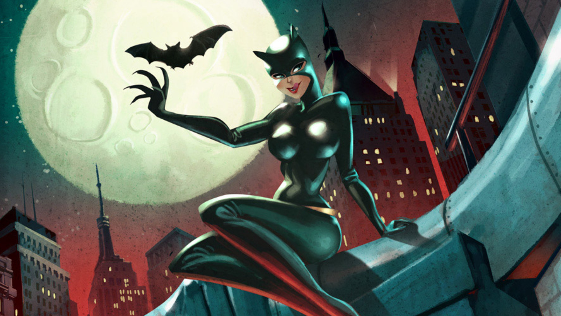 Catwoman with a bat in front of the moon HD Wallpaper