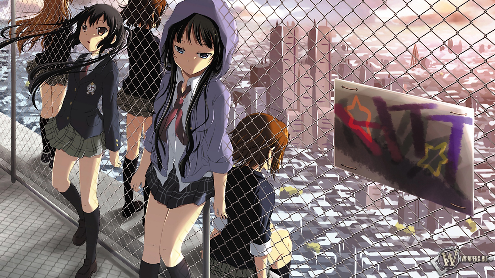 Mio Akiyama and friends on a rooftop HD Wallpaper