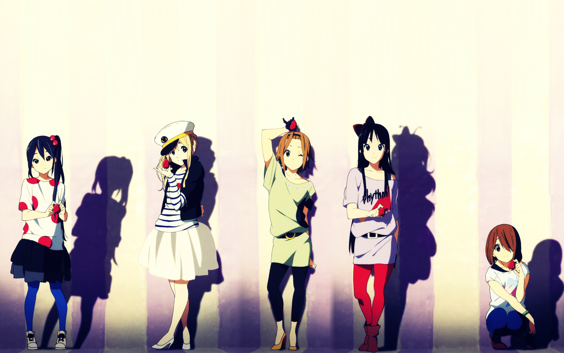 Five girls from K-On! standing against a wall HD Wallpaper
