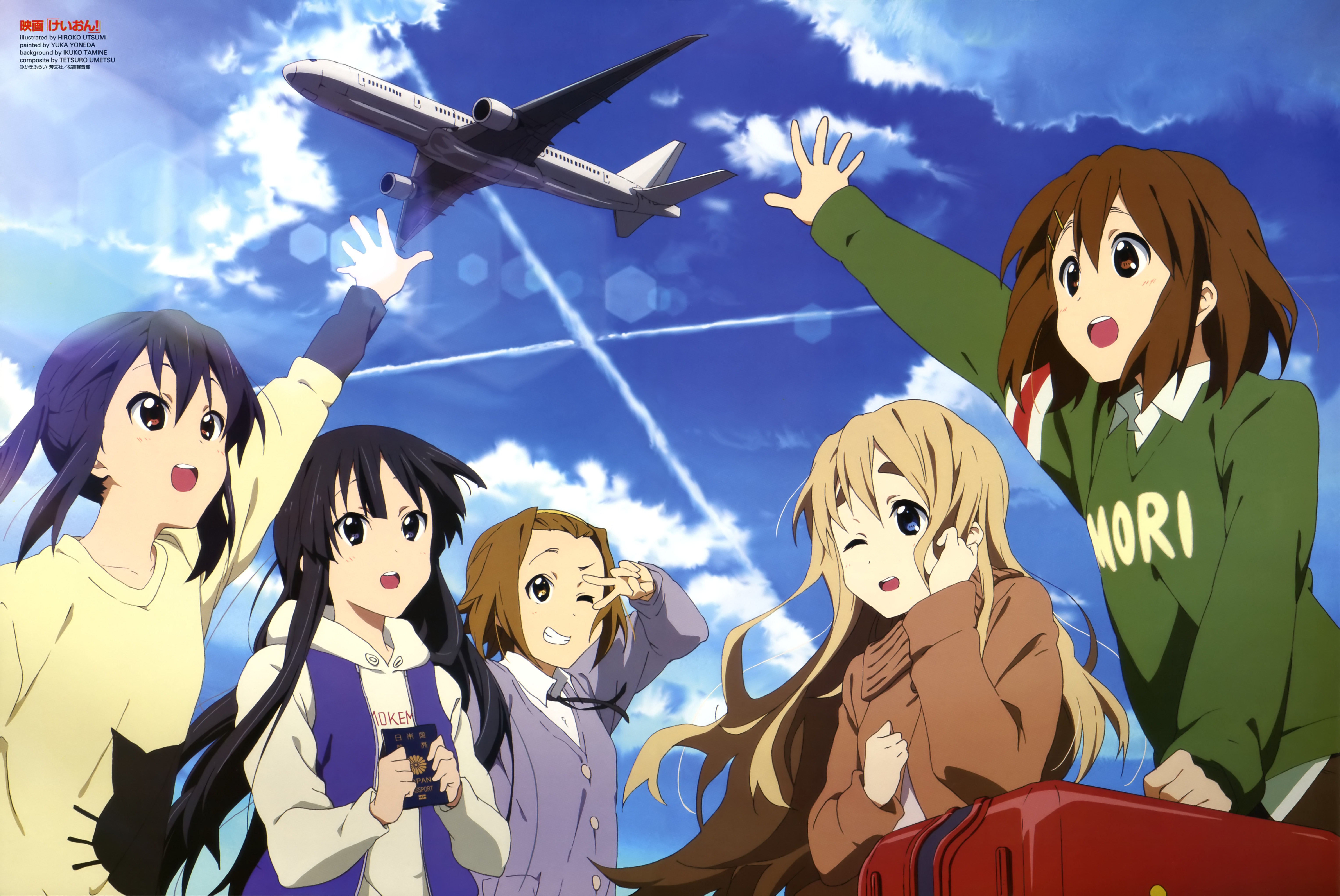 K-On! characters waving at an airplane HD Wallpaper