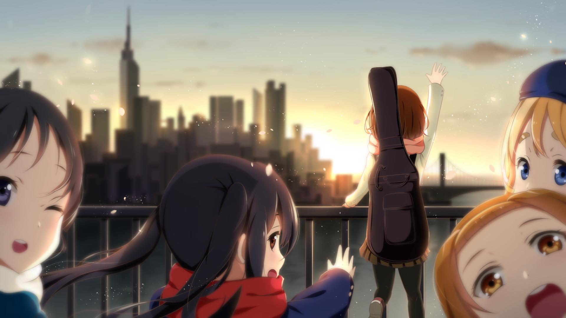 Mio Akiyama from K-On! with friends at sunset HD Wallpaper
