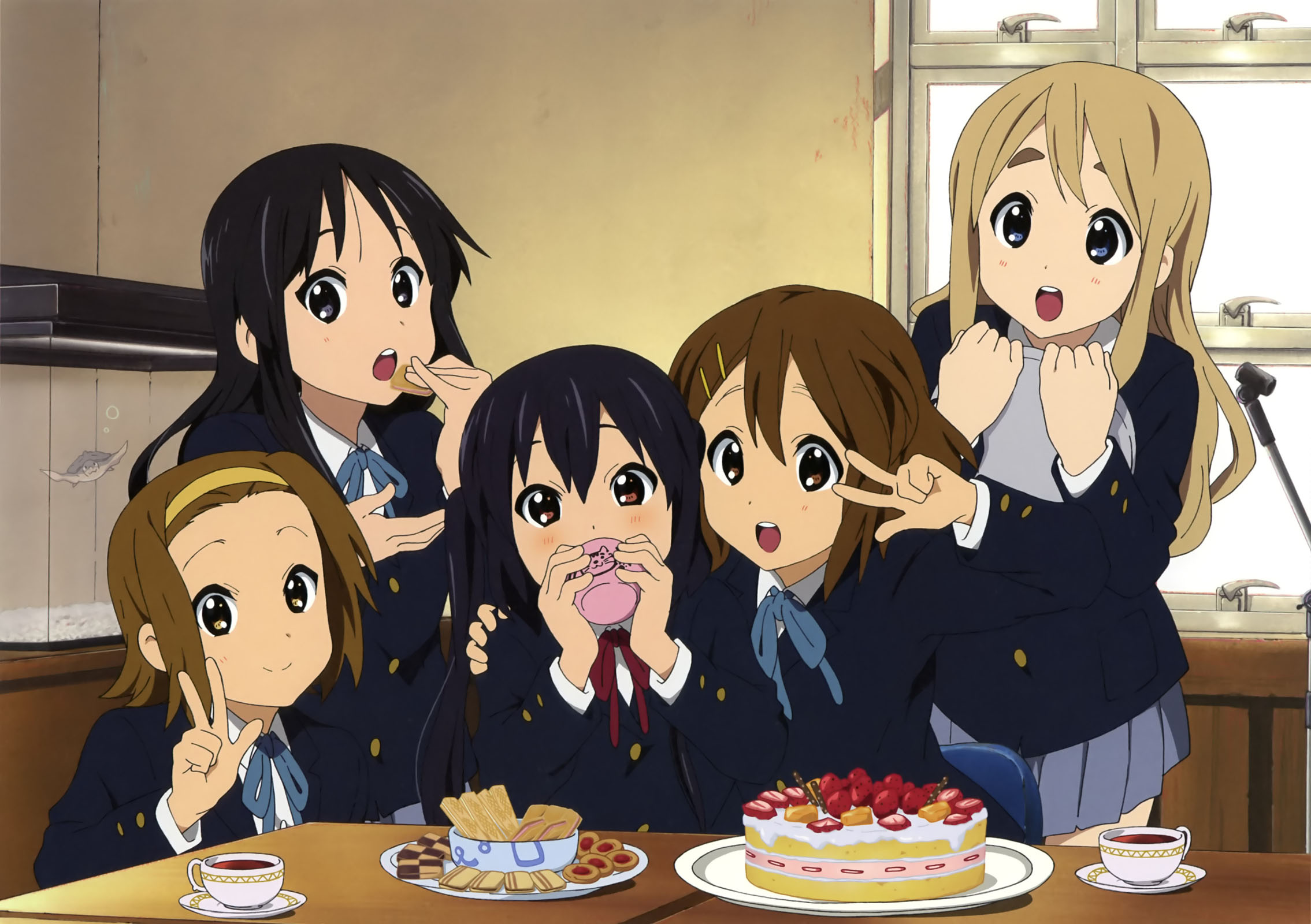 The members of Ho-kago Tea Time eating cake HD Wallpaper