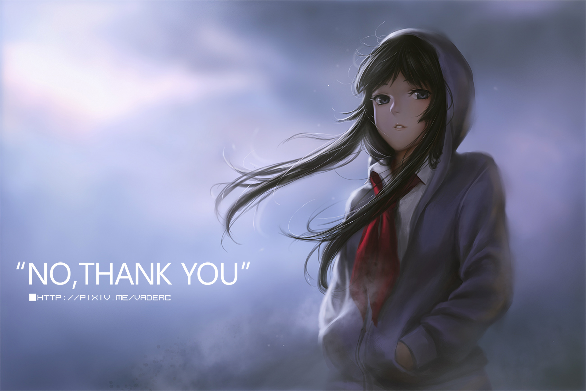 Anime girl in hoodie with red scarf HD Wallpaper