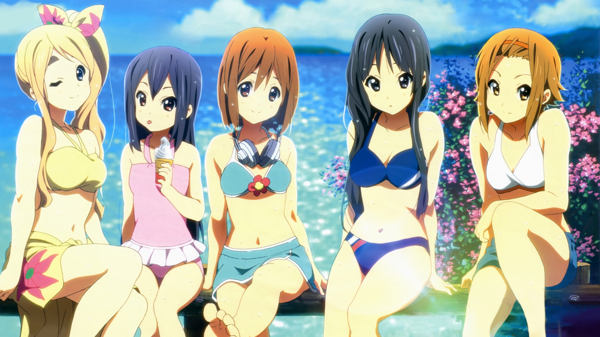 Five girls in swimsuits at the beach HD Wallpaper