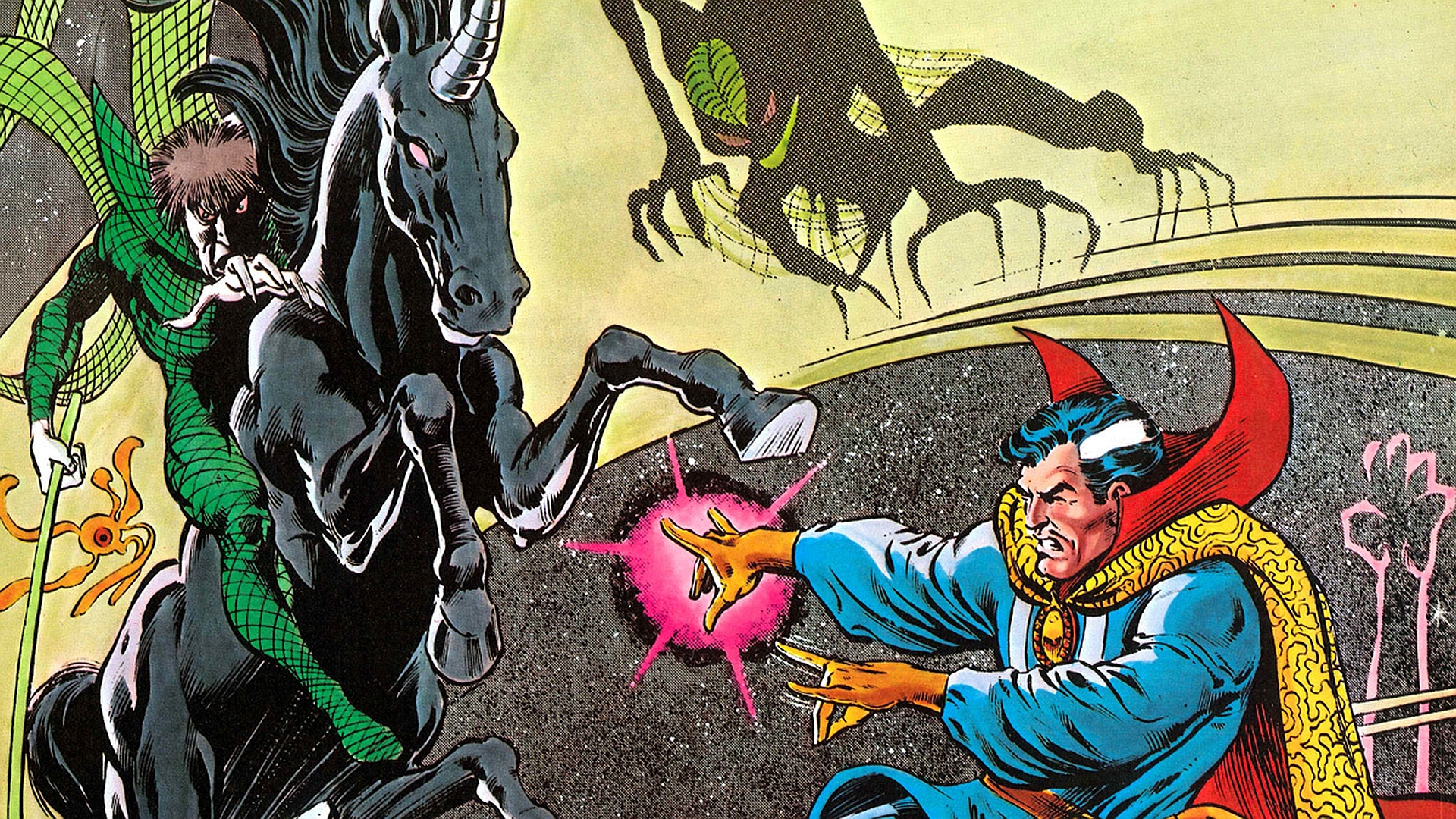 Doctor Strange fighting a demon on a unicorn HD Wallpaper