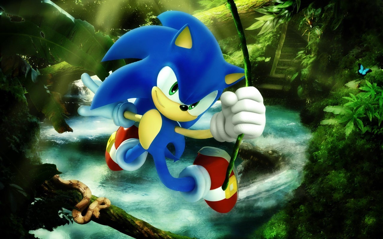 Sonic the Hedgehog swinging in a jungle HD Wallpaper