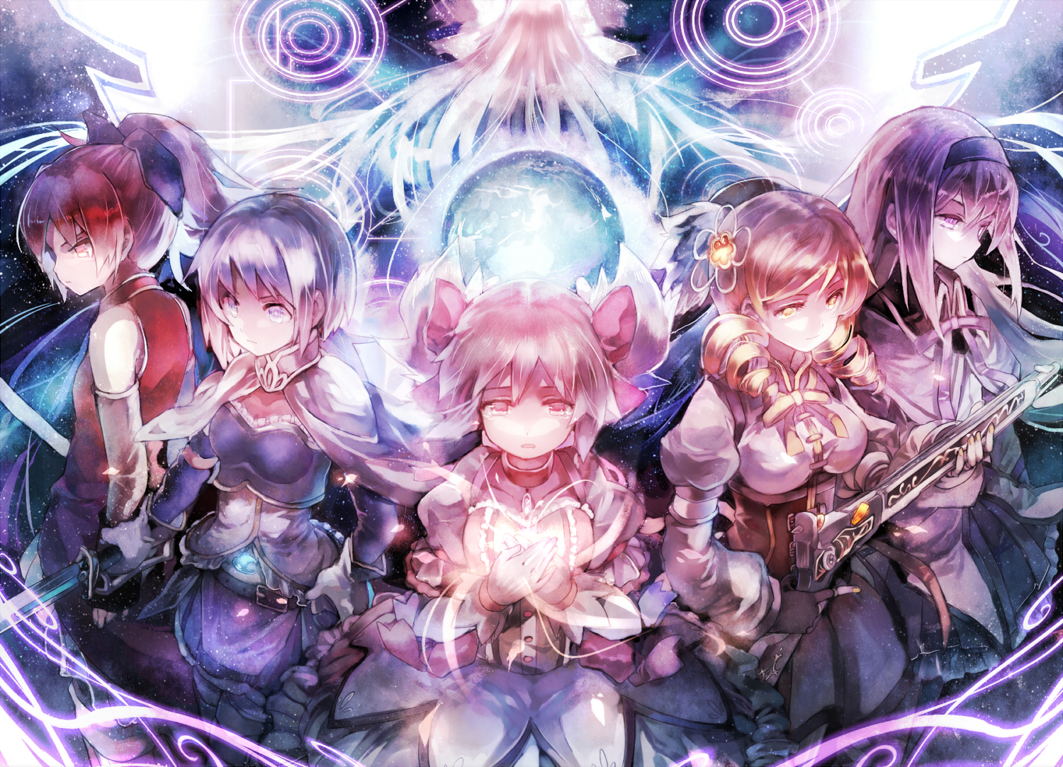 Madoka Magica characters with magical effects HD Wallpaper