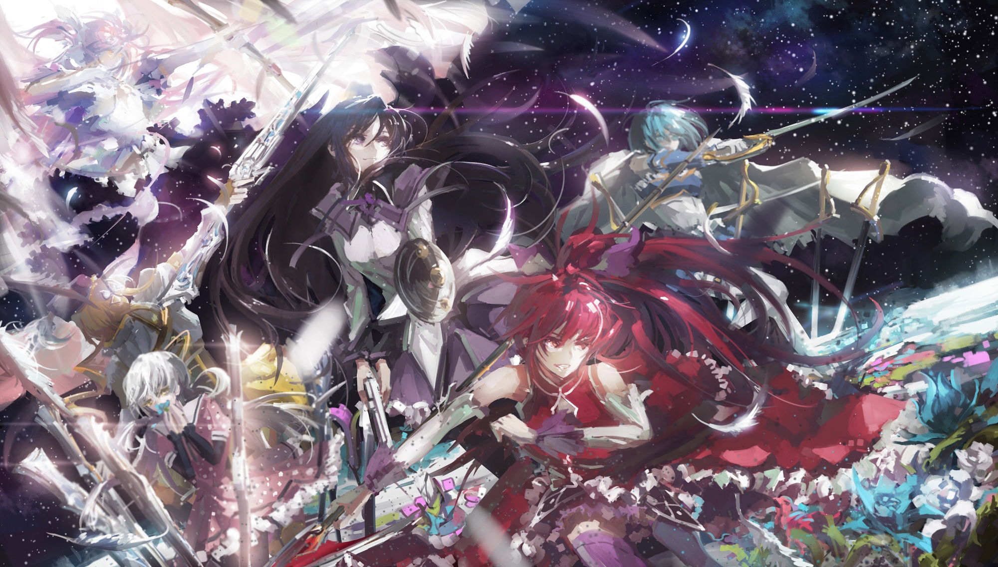 Kyōko Sakura and other magical girls in a cosmic battle HD Wallpaper