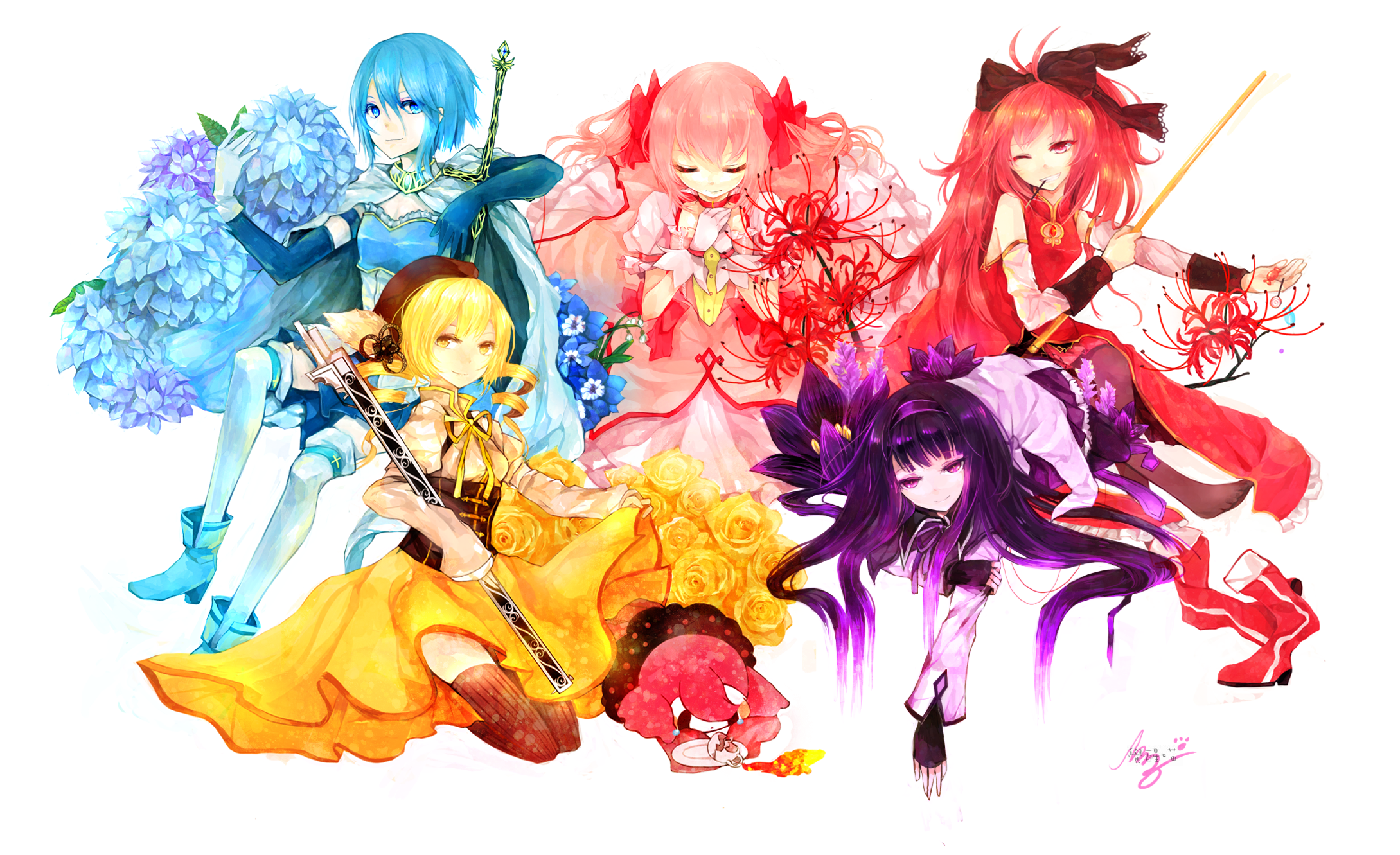 Puella Magi Madoka Magica characters with flowers HD Wallpaper