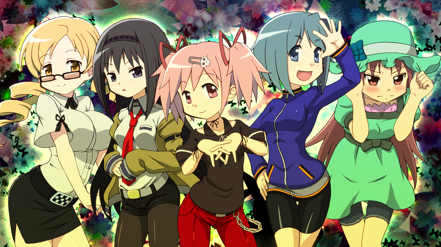 Five magical girls from Puella Magi Madoka Magica HD Wallpaper
