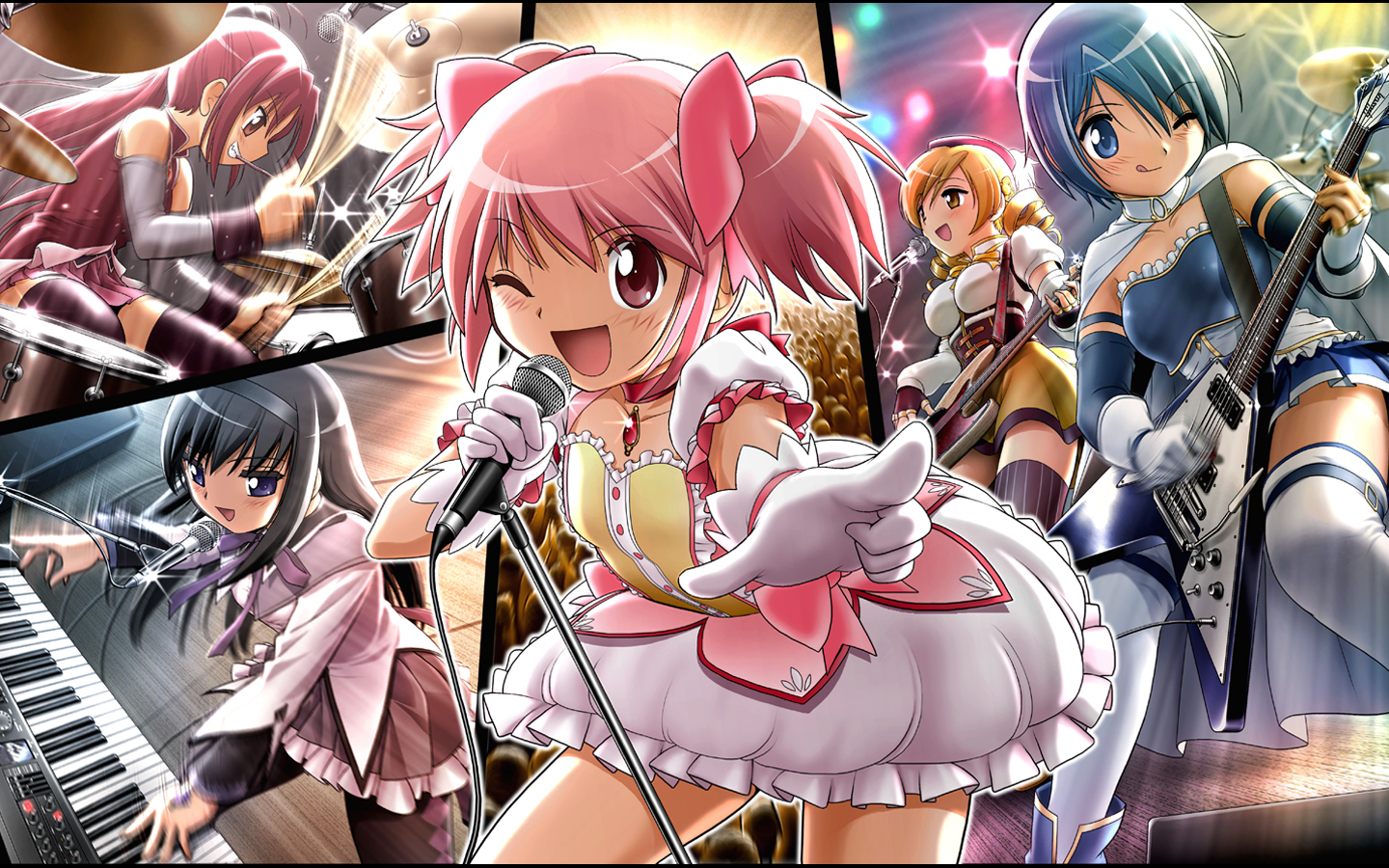 Madoka Magica characters performing in a band HD Wallpaper