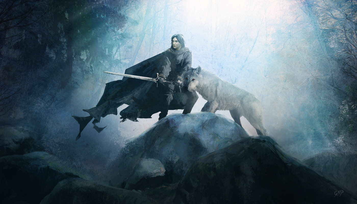 Jon Snow with direwolf in a forest HD Wallpaper