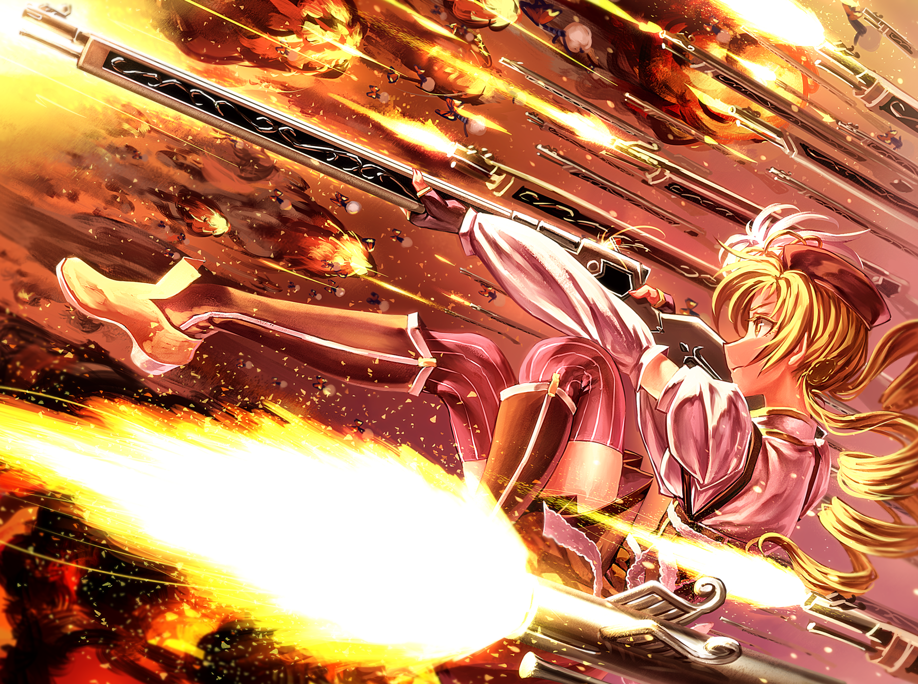 Mami Tomoe firing multiple rifles HD Wallpaper