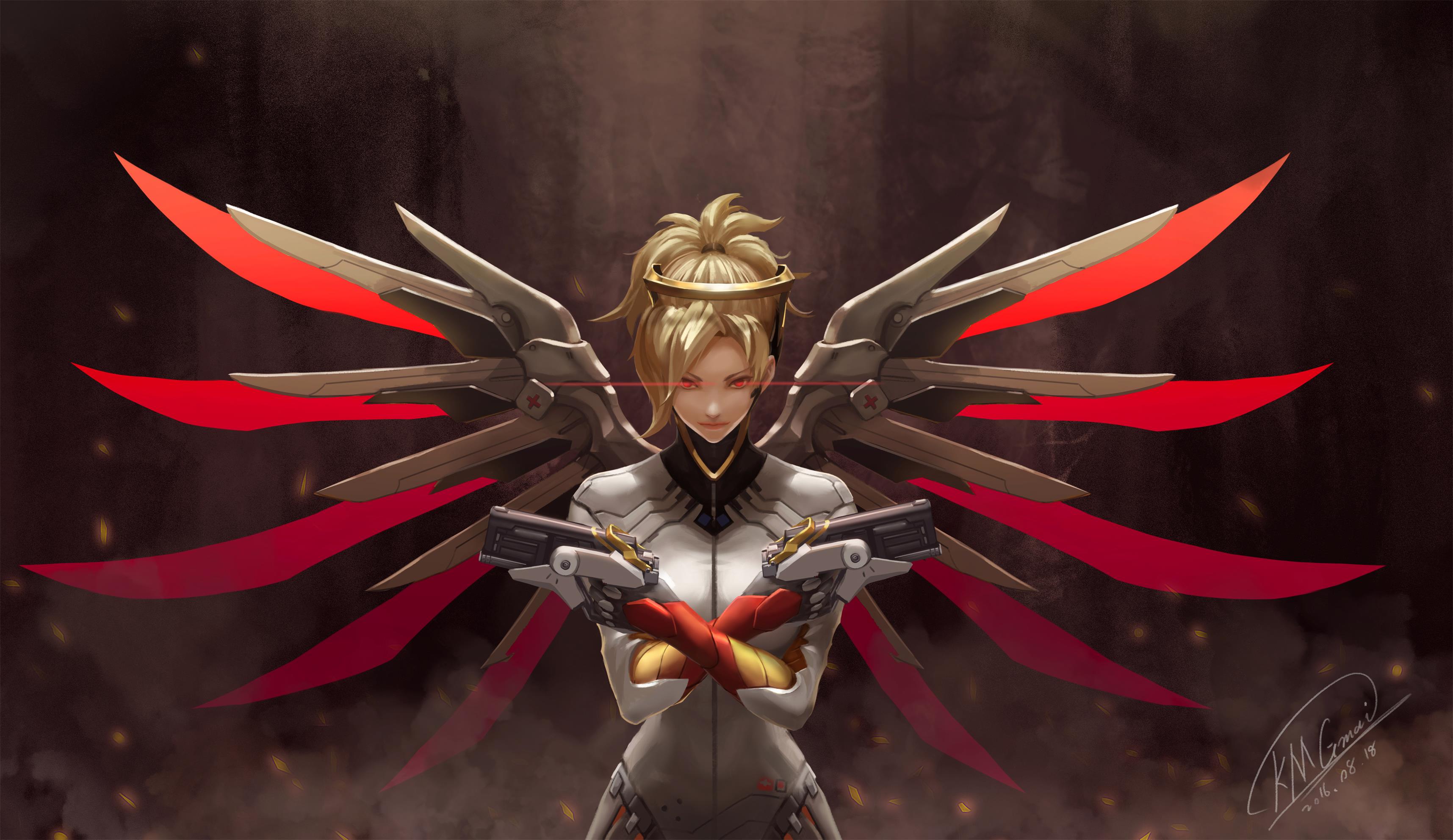 Mercy from Overwatch with wings and guns HD Wallpaper