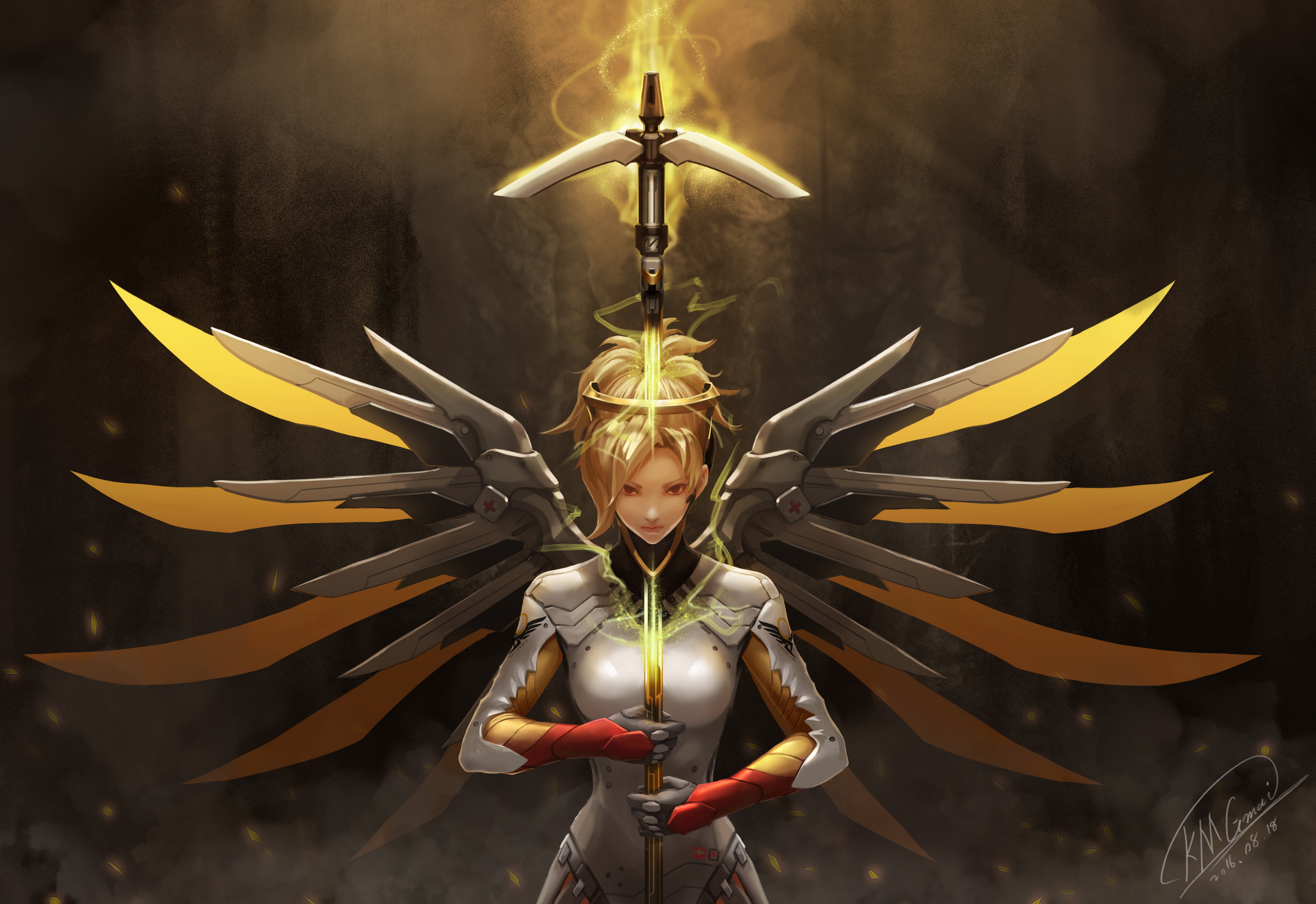 Mercy from Overwatch holding her Caduceus Staff HD Wallpaper