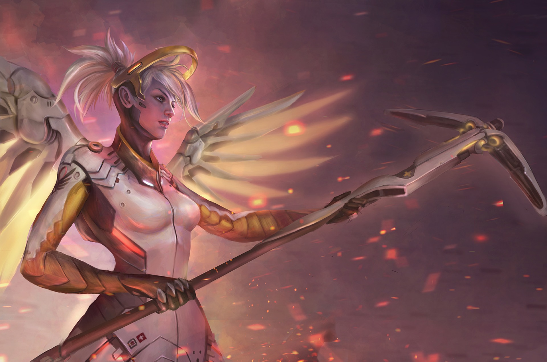 Mercy from Overwatch holding a staff HD Wallpaper