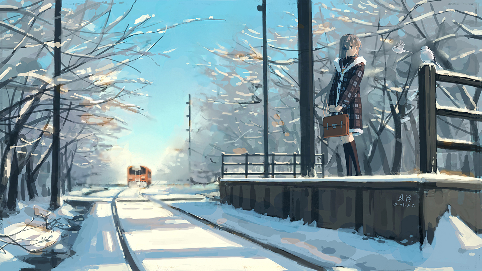 Girl at Snowy Train Station HD Wallpaper
