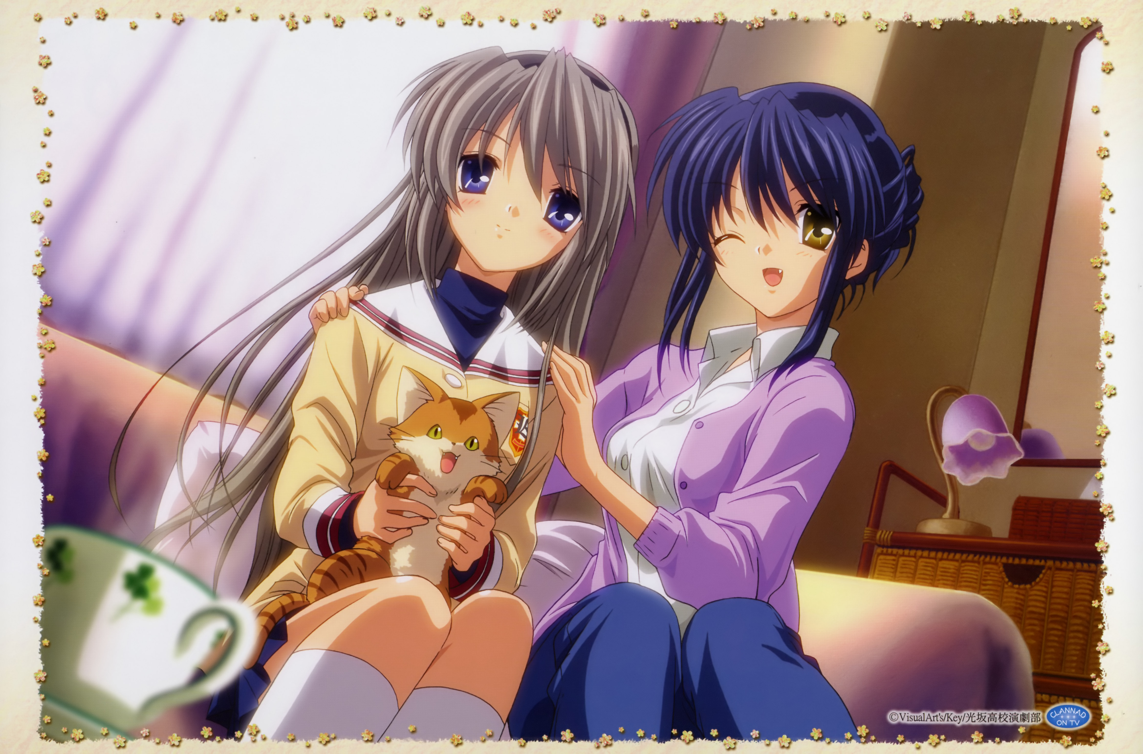 Tomoyo Sakagami with a cat and a friend HD Wallpaper