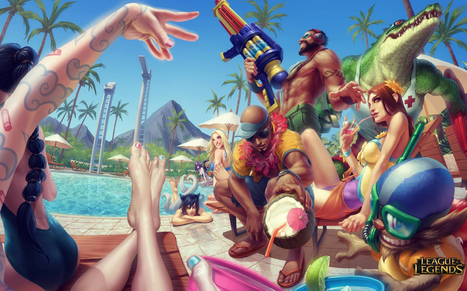 League of Legends characters at a pool party HD Wallpaper