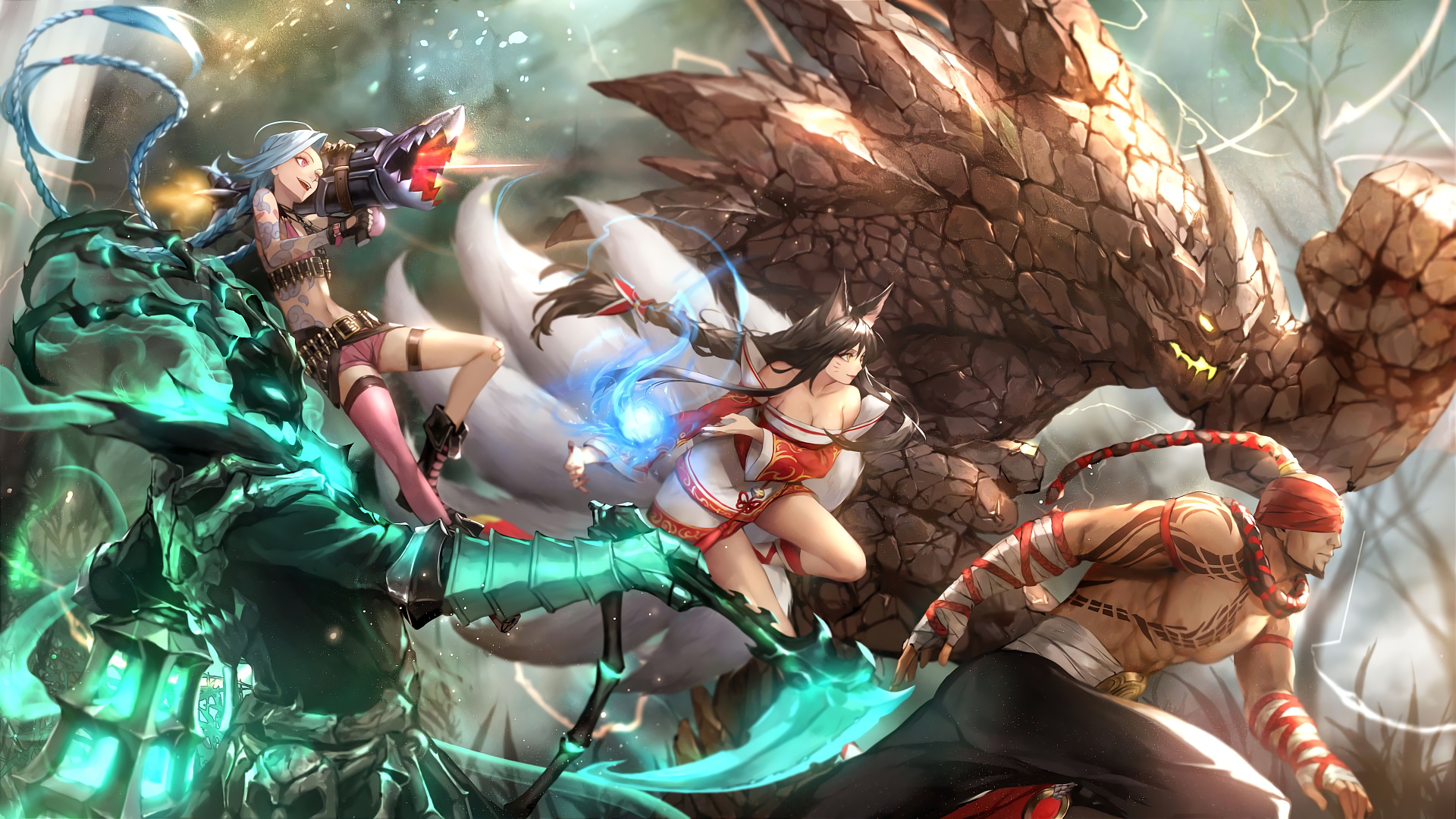 Jinx, Ahri, and other characters from League of Legends fighting a monster HD Wallpaper