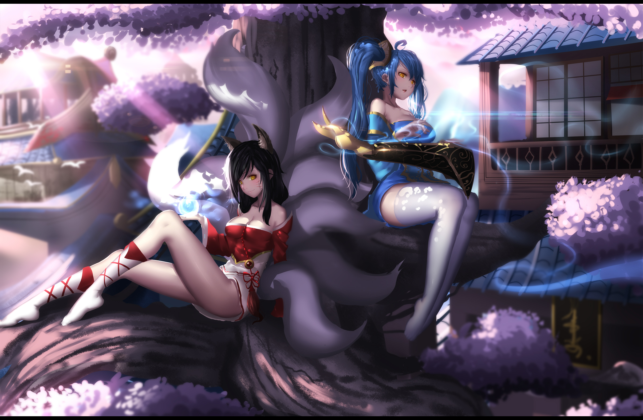 Ahri from League of Legends with a companion HD Wallpaper
