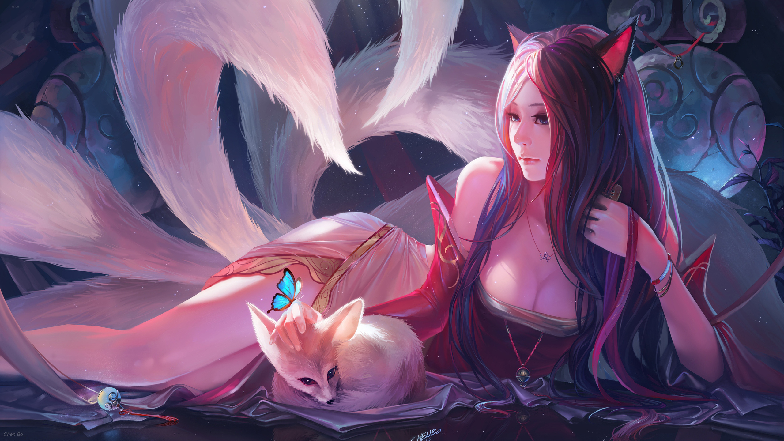 Ahri from League of Legends with a fox and butterfly HD Wallpaper