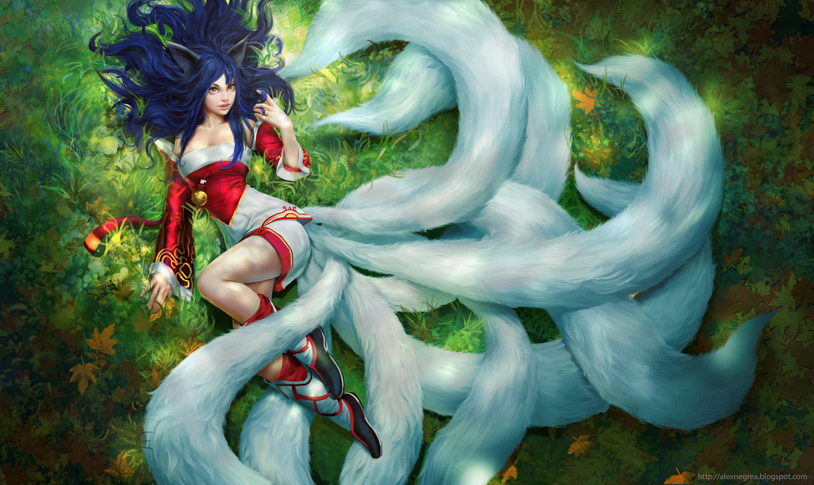 Ahri from League of Legends lying in grass HD Wallpaper