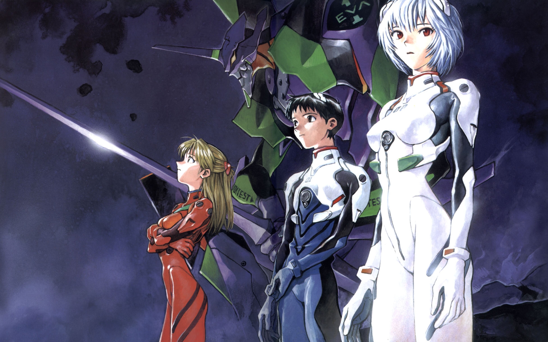 Asuka Langley Soryu, Rei Ayanami, Shinji Ikari, and Evangelion Unit-02 HD Wallpaper