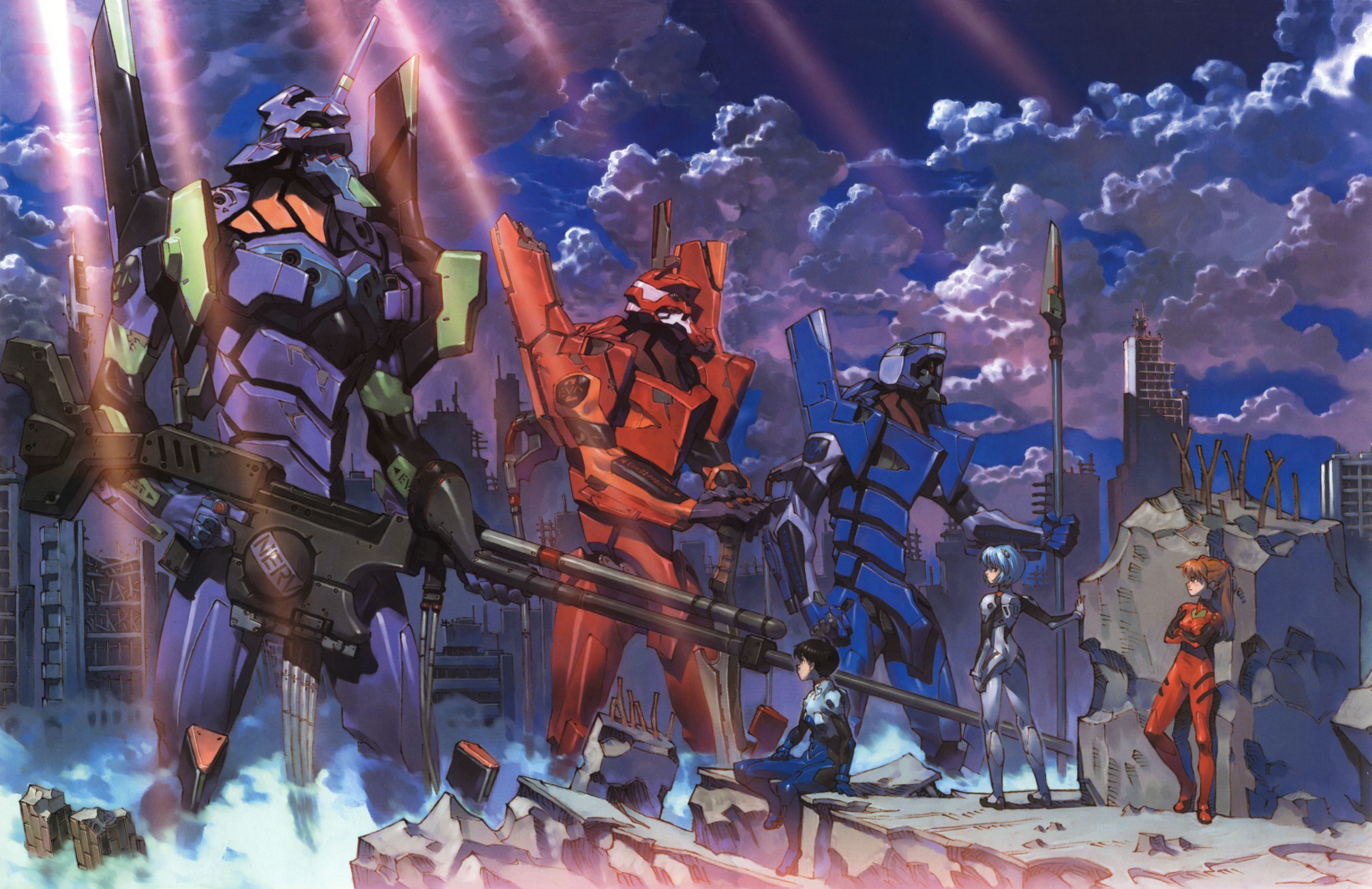 Evangelion Units with Pilots in Ruined City HD Wallpaper
