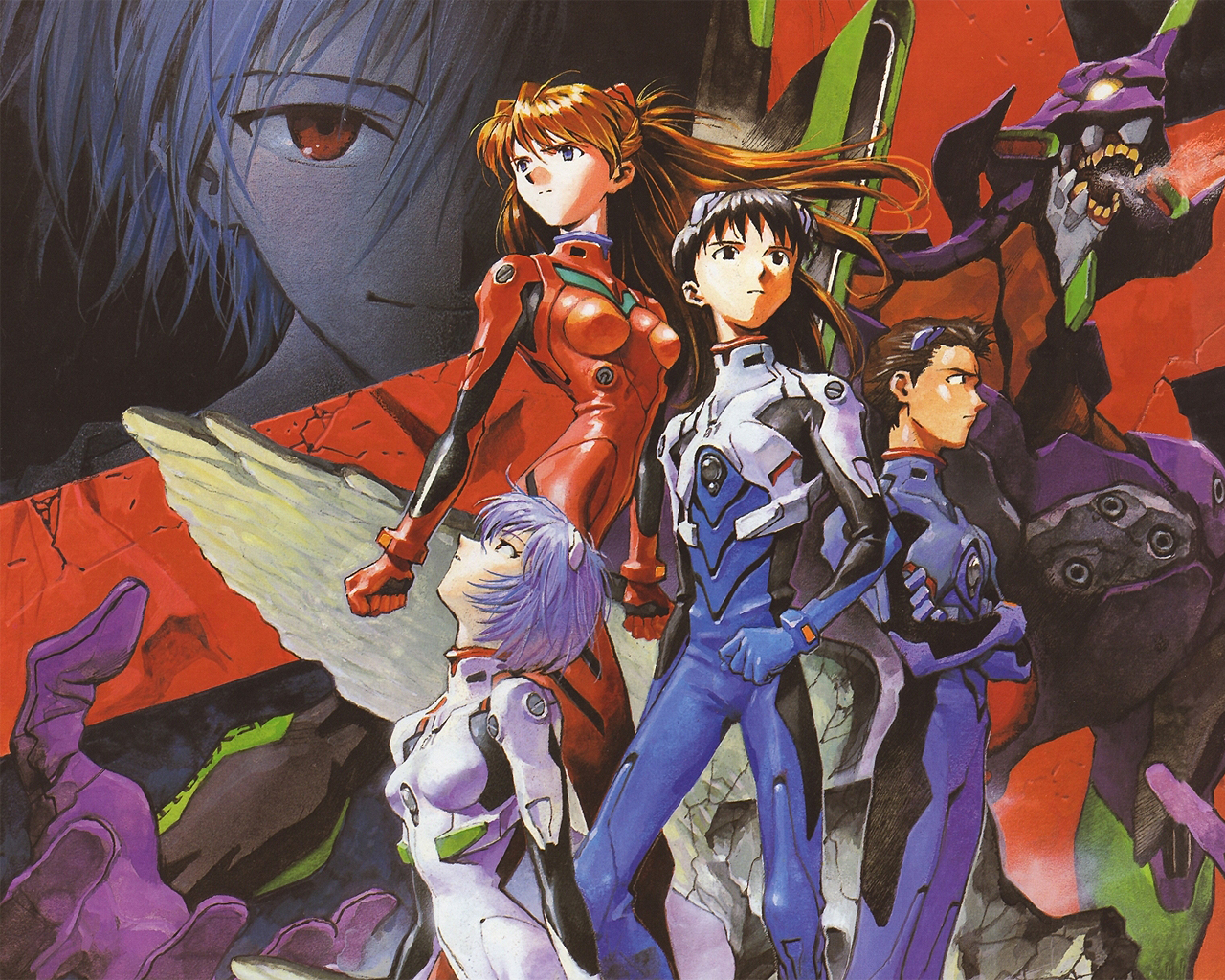 Asuka, Rei, Shinji, and Kaji from Neon Genesis Evangelion HD Wallpaper