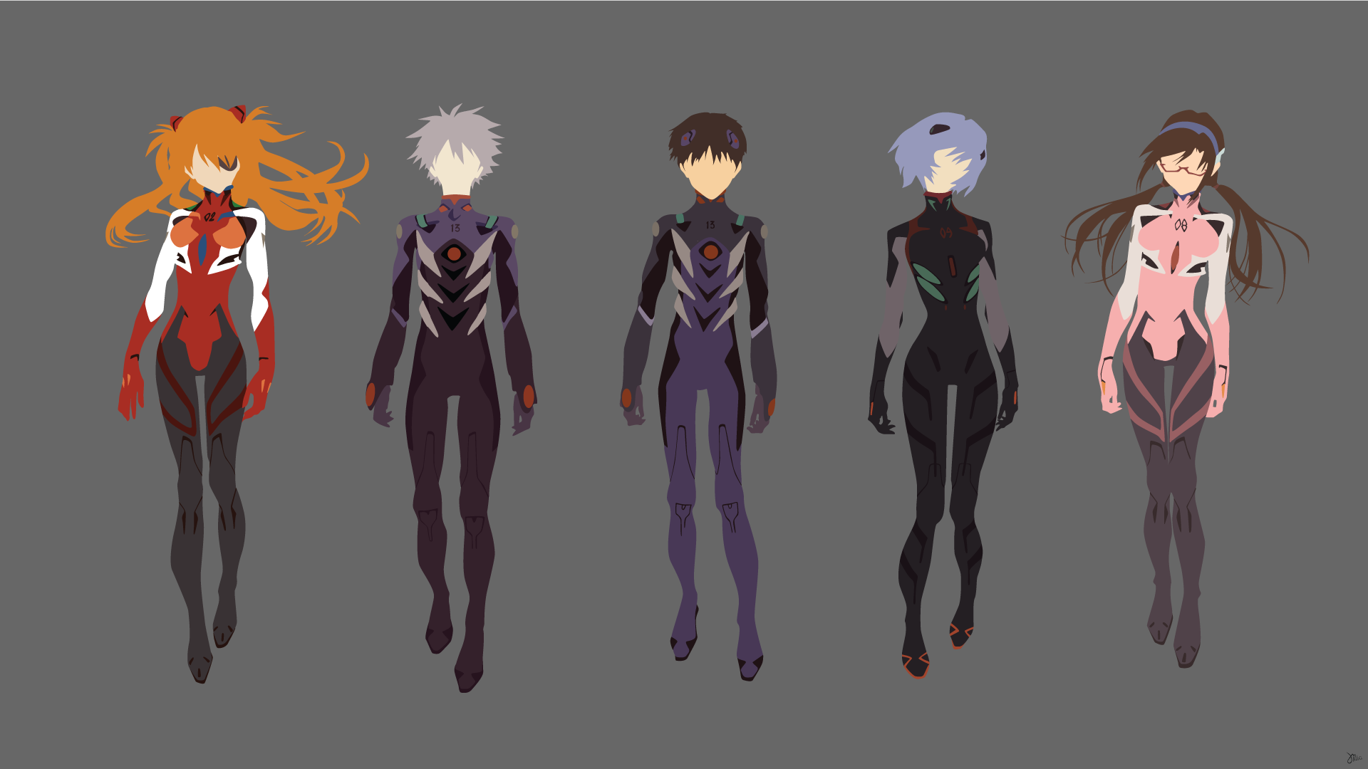Five characters in plugsuits from Neon Genesis Evangelion HD Wallpaper