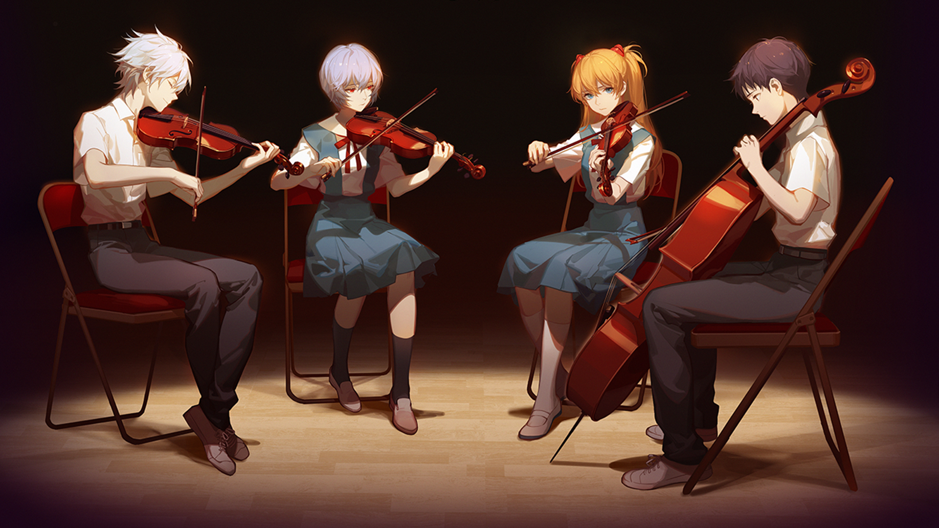 Asuka Langley Soryu and friends playing string instruments HD Wallpaper