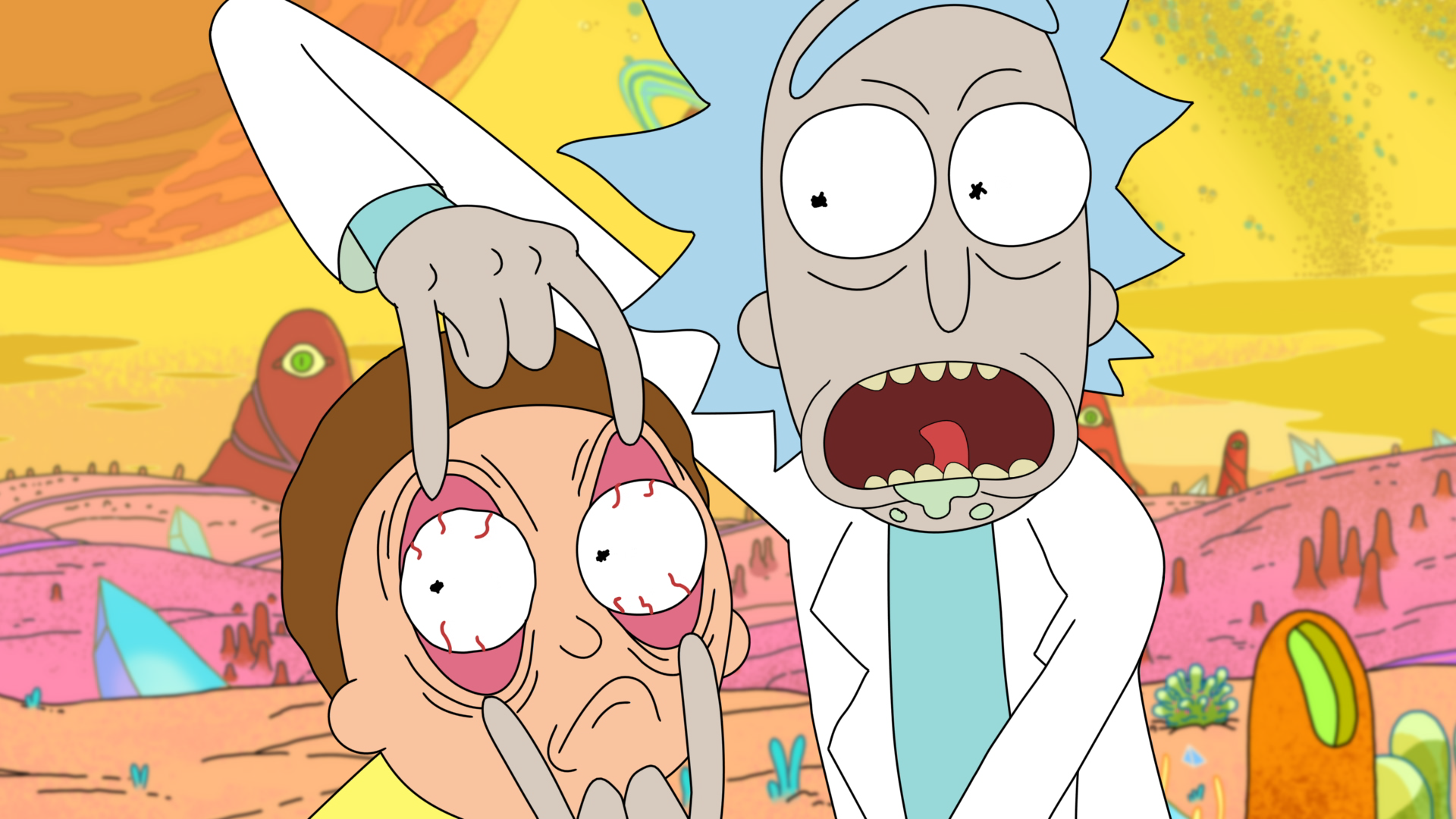 Rick and Morty in an alien landscape HD Wallpaper