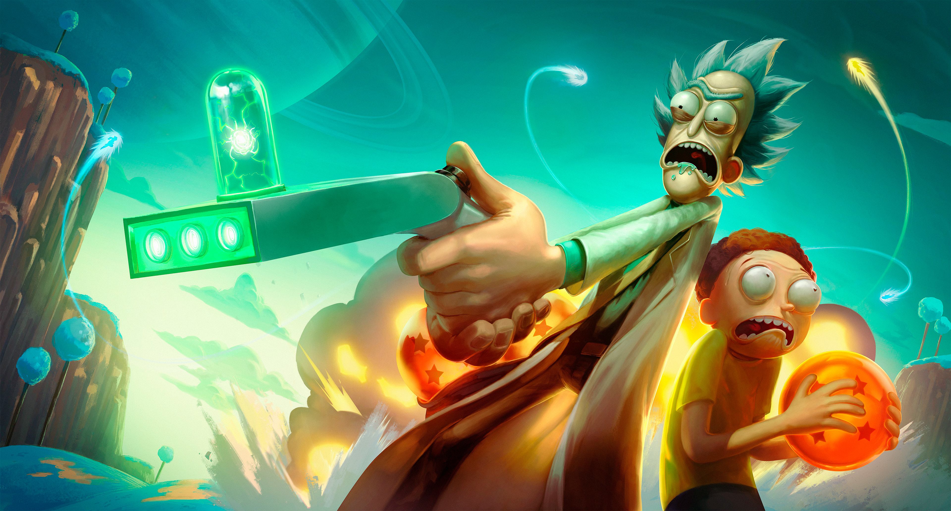 Rick and Morty with Dragon Balls and Portal Gun HD Wallpaper