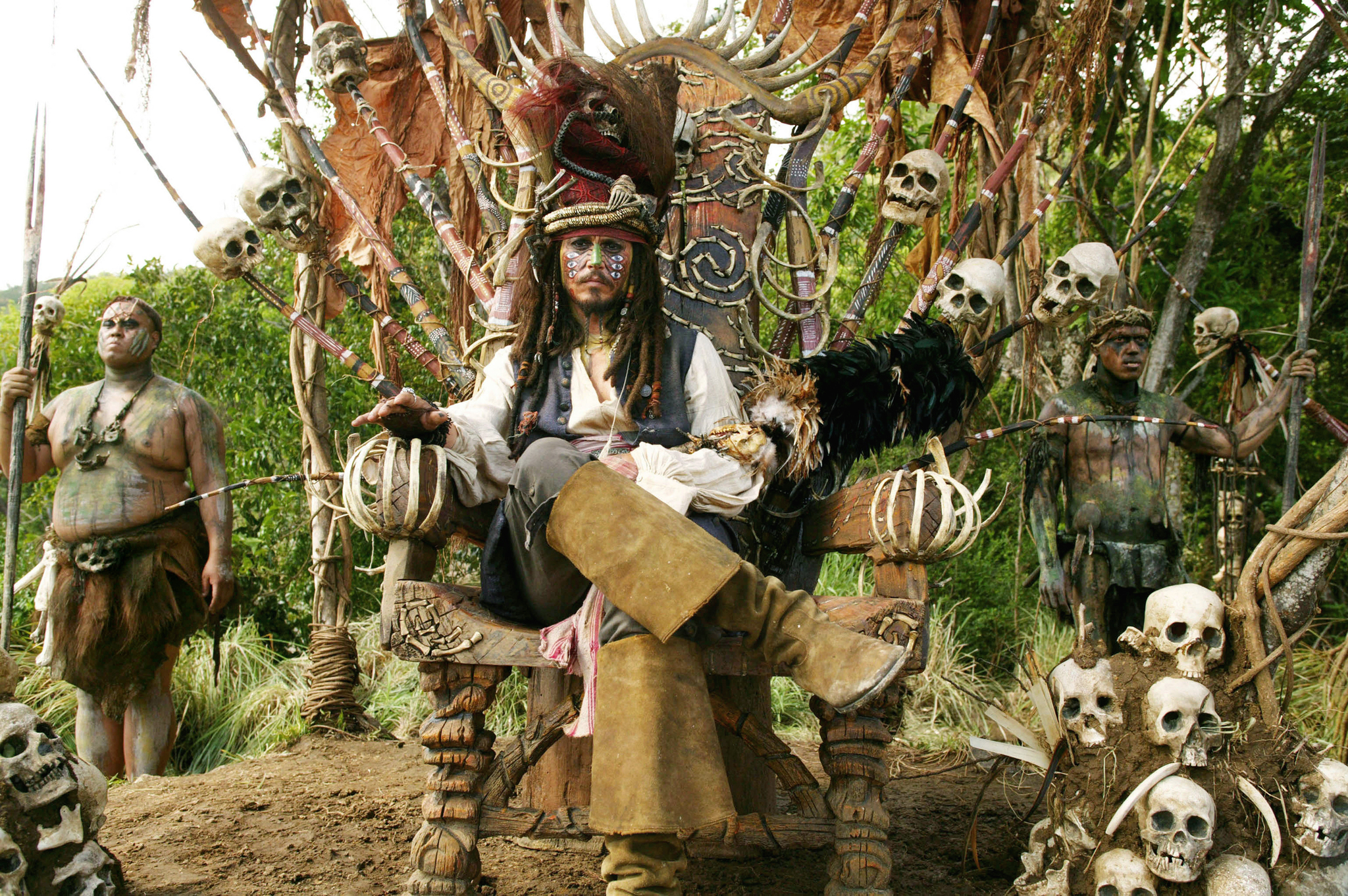 Captain Jack Sparrow on a throne decorated with skulls HD Wallpaper