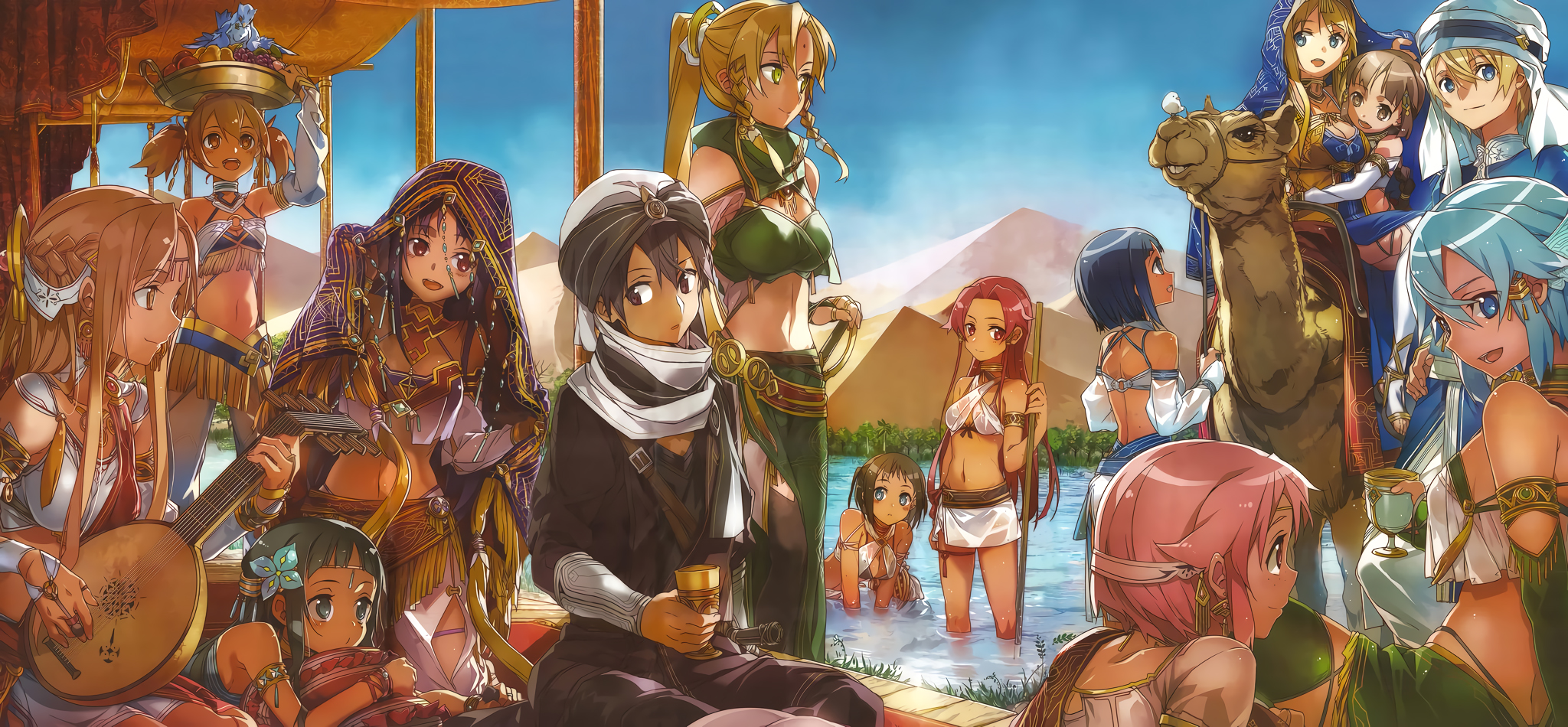 Anime characters in Egyptian-inspired attire with a camel HD Wallpaper