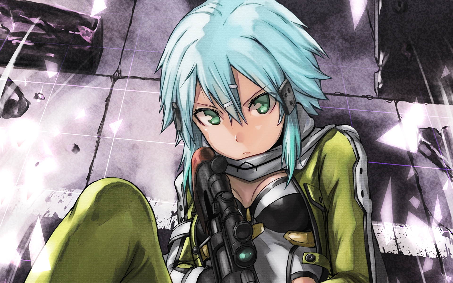 Asada Shino from Sword Art Online holding a sniper rifle HD Wallpaper