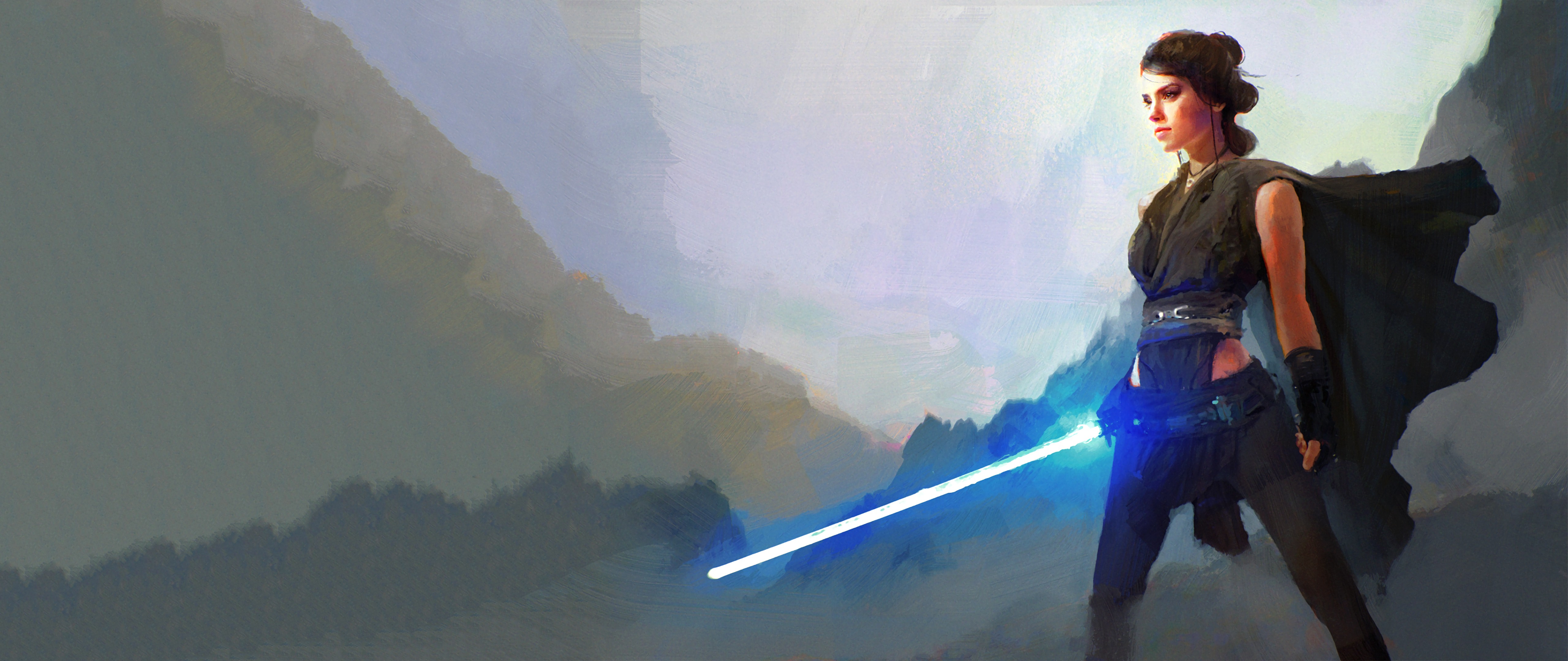 Rey with a blue lightsaber from Star Wars HD Wallpaper