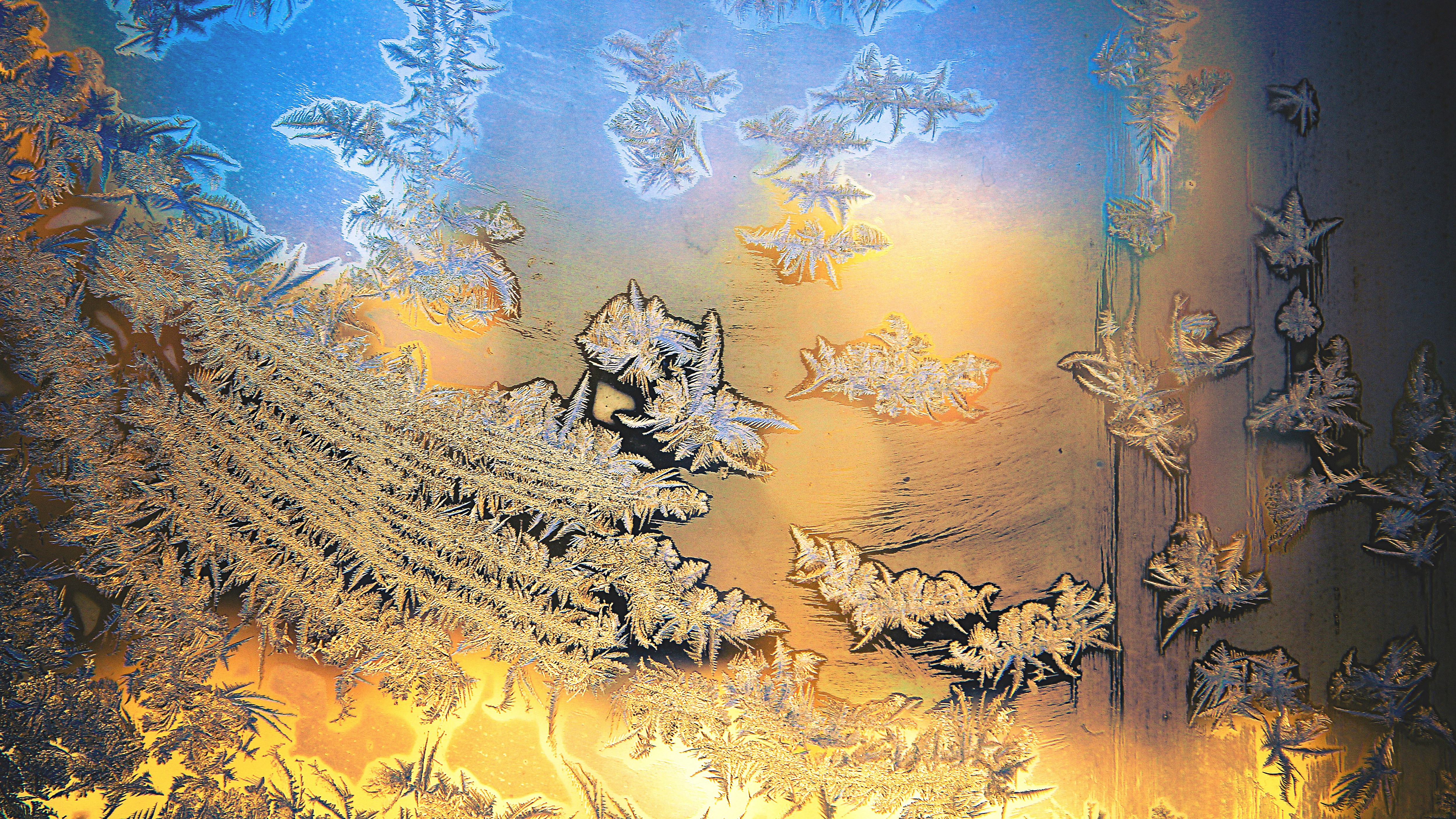 Frost patterns on a window with colorful light HD Wallpaper