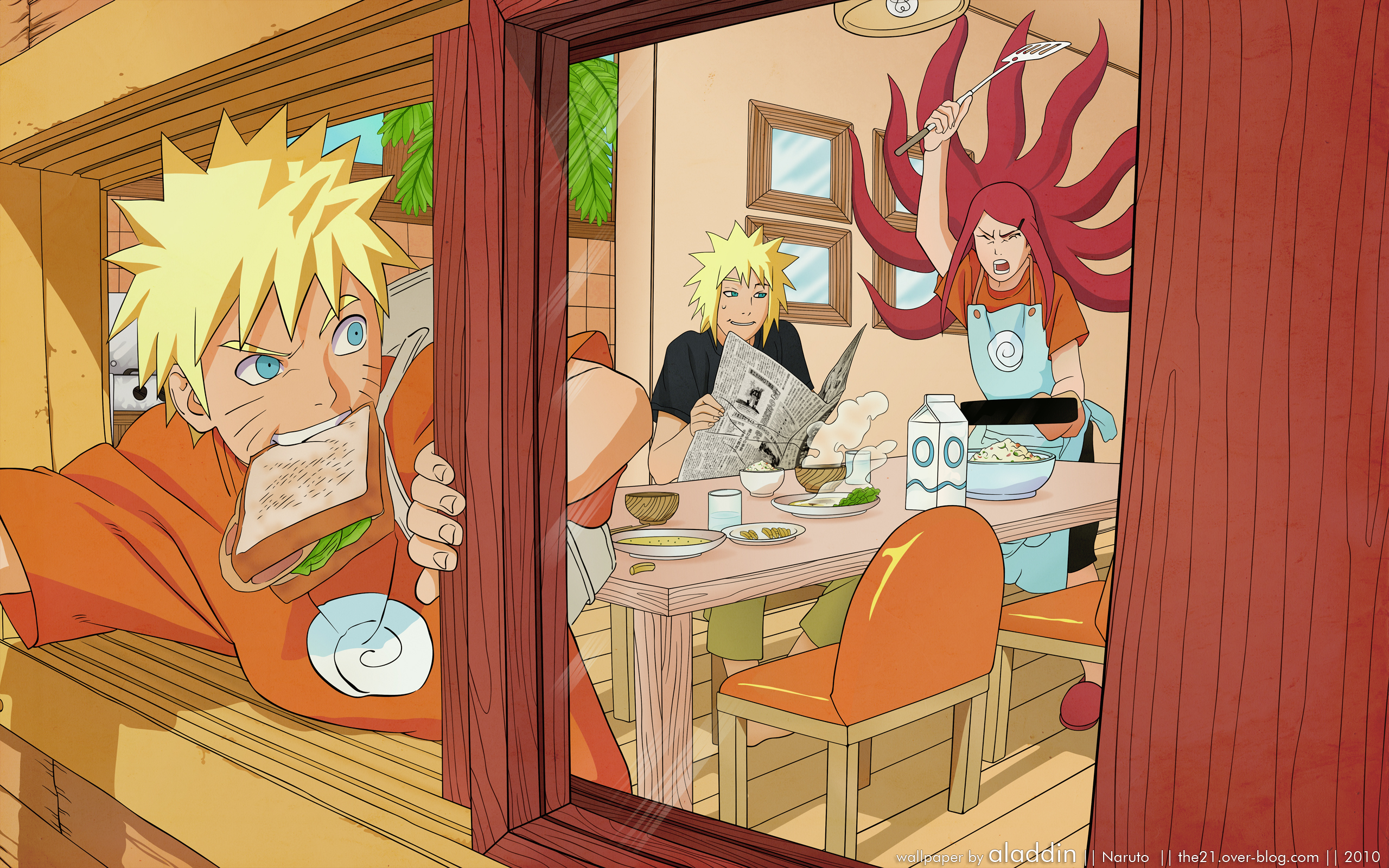 Naruto, Minato, and Kushina eating breakfast HD Wallpaper