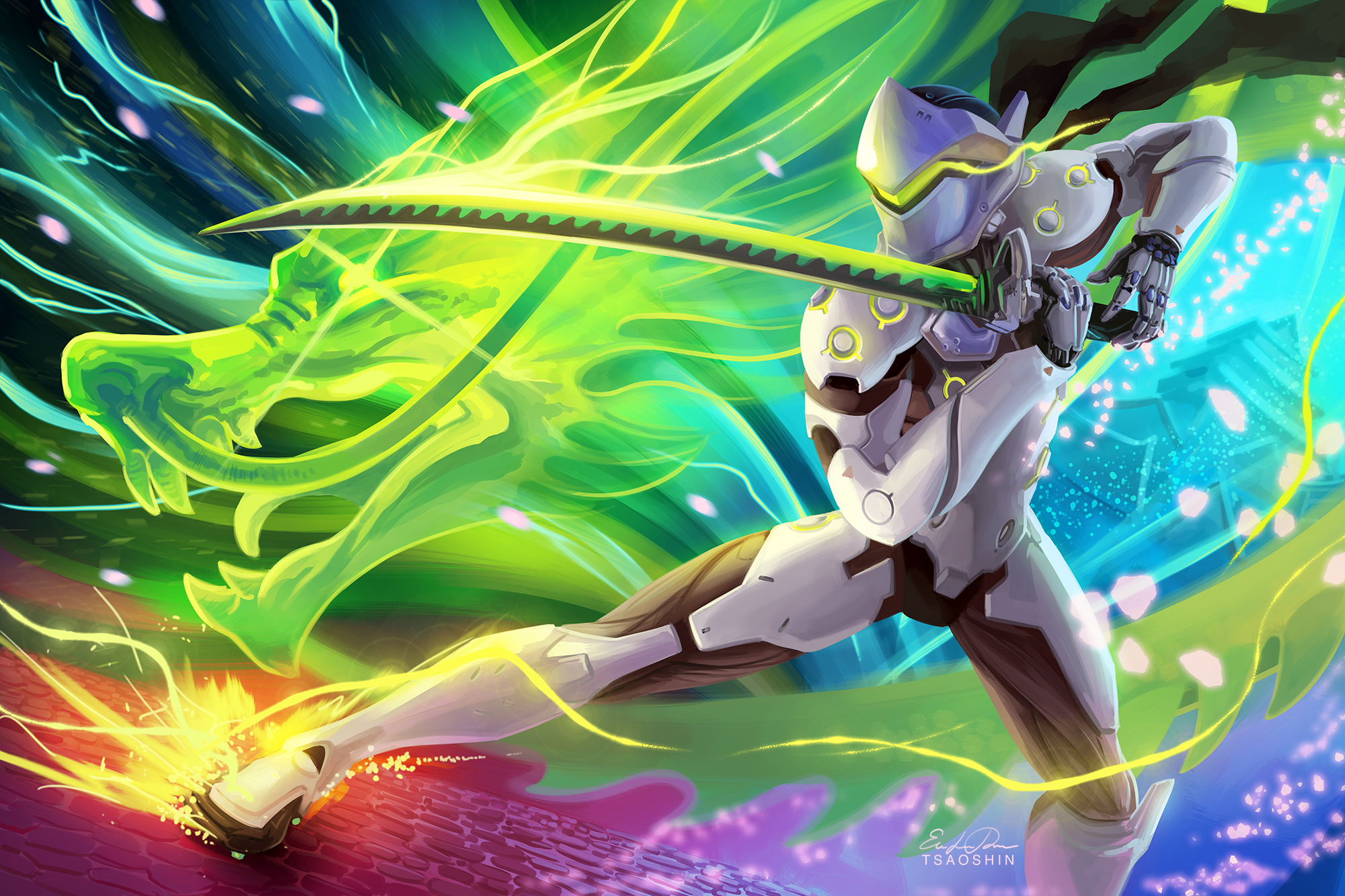 Genji from Overwatch with a green dragon HD Wallpaper