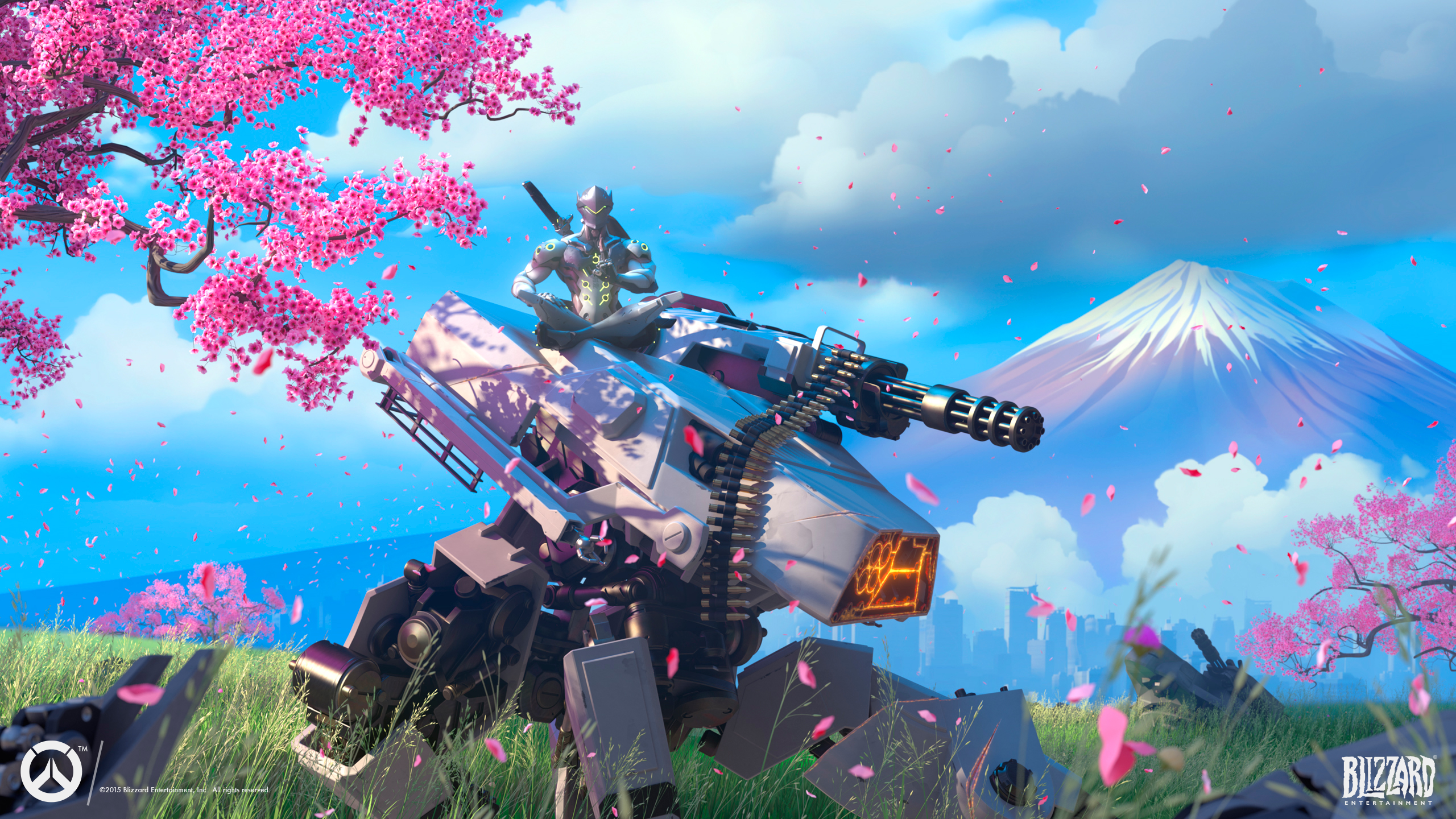Genji from Overwatch with a mech and Mount Fuji HD Wallpaper