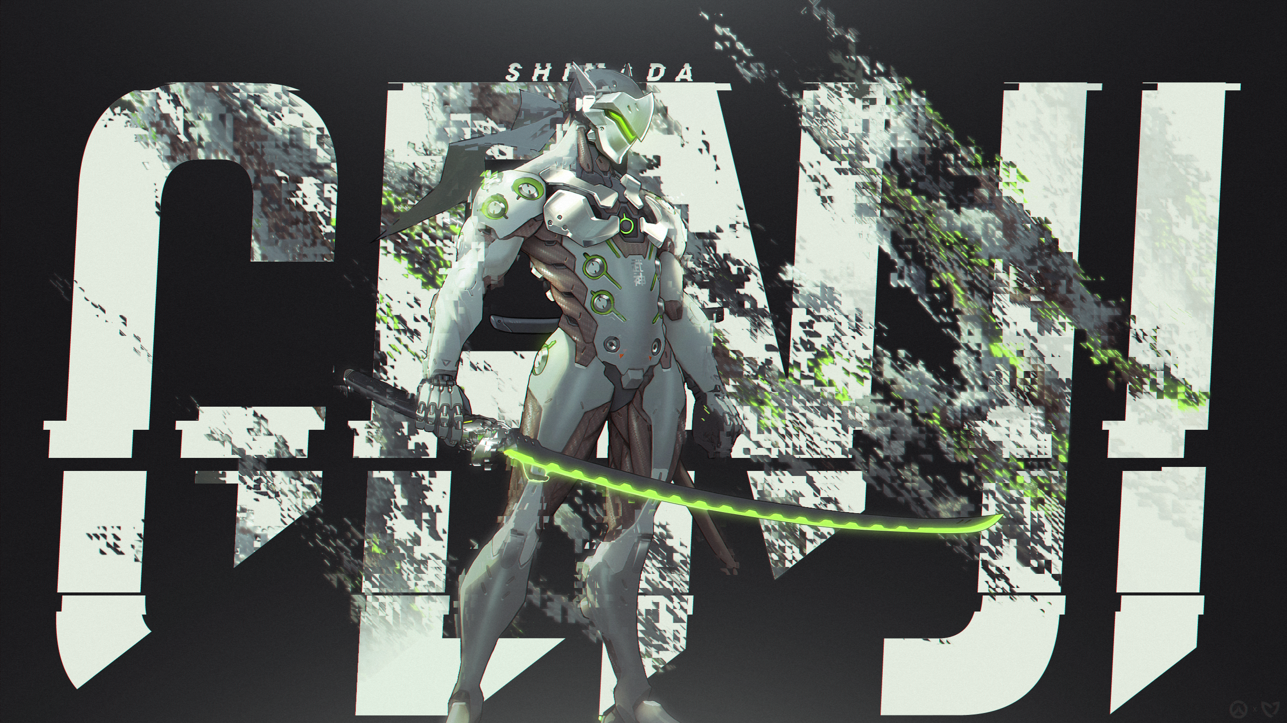 Genji from Overwatch with large text HD Wallpaper