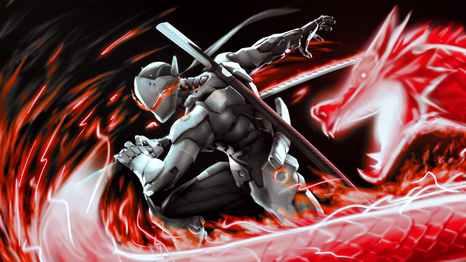 Genji from Overwatch with a red dragon HD Wallpaper